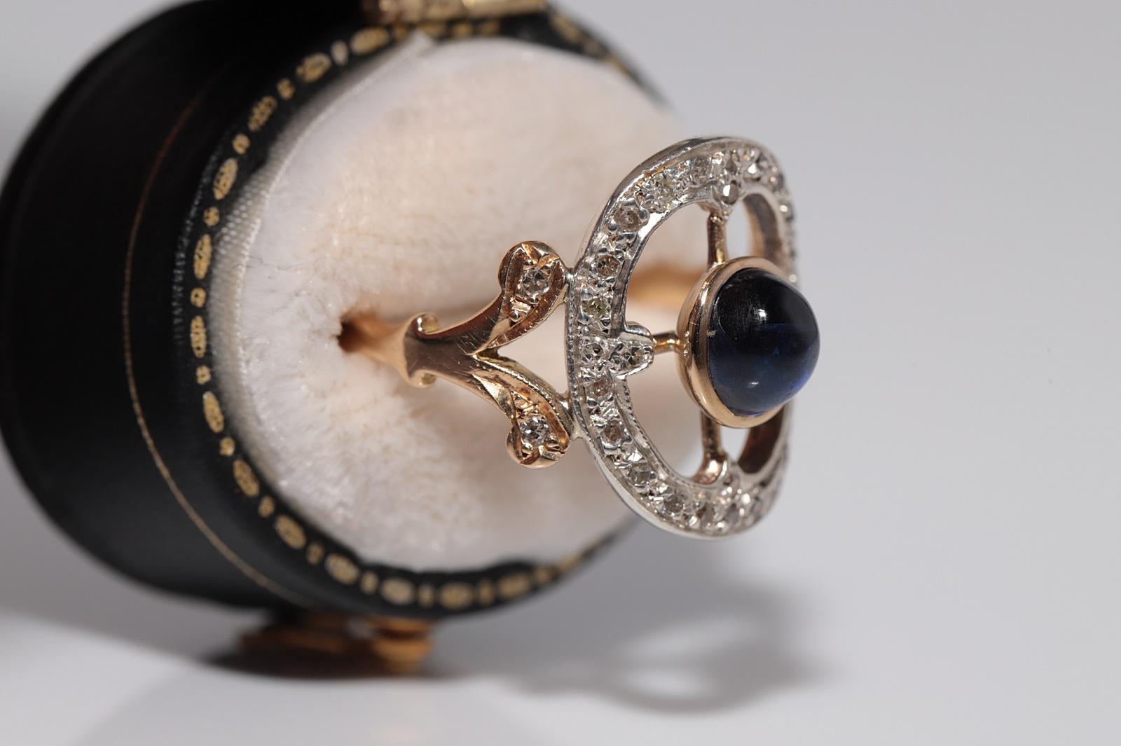 Victorien Bague ancienne en or 18k Top Sİlver, saphir naturel taillé en cabochon et diamant en vente
