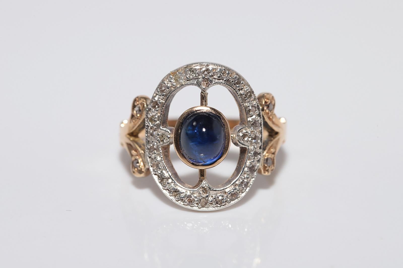 Taille simple Bague ancienne en or 18k Top Sİlver, saphir naturel taillé en cabochon et diamant en vente