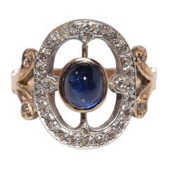 Bague ancienne en or 18k Top Sİlver, saphir naturel taillé en cabochon et diamant