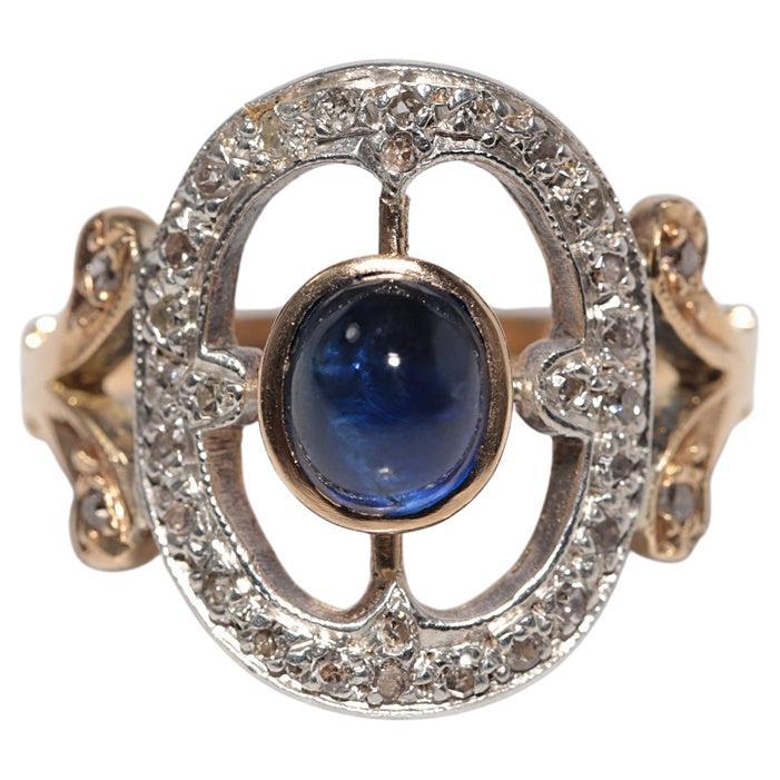 Antique 18k Gold Top Sİlver Natural Cabochon Cut Sapphire And Diamond Ring