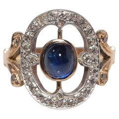 Bague ancienne en or 18k Top Sİlver, saphir naturel taillé en cabochon et diamant