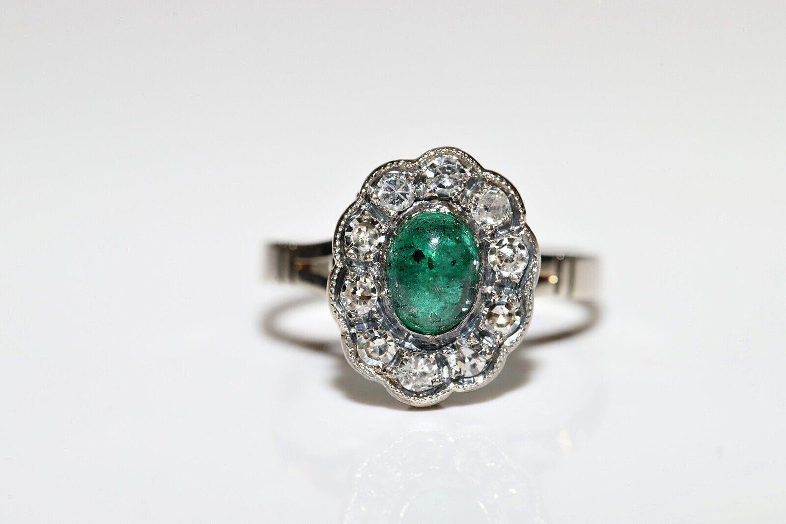 Victorian Antique 18K Gold Top Silver Natural Diamond And Cabochon Emerald Ring For Sale