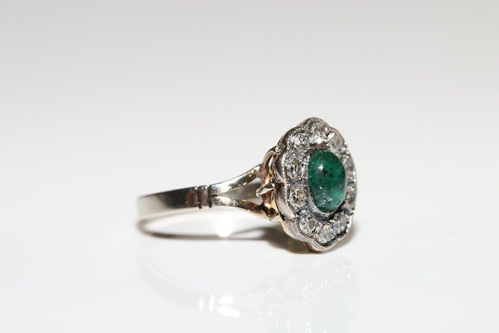Brilliant Cut Antique 18K Gold Top Silver Natural Diamond And Cabochon Emerald Ring For Sale