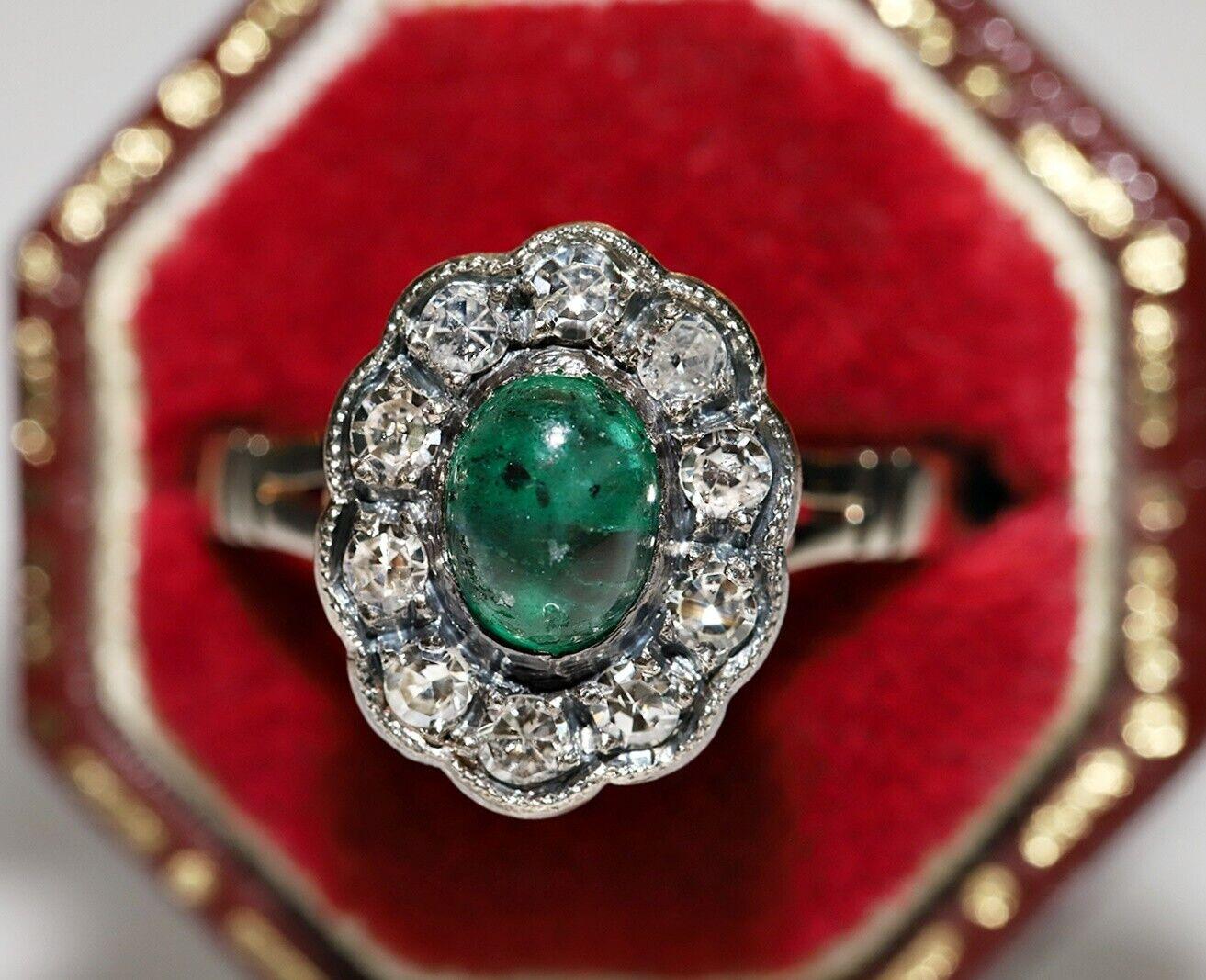 Antique 18K Gold Top Silver Natural Diamond And Cabochon Emerald Ring For Sale 3
