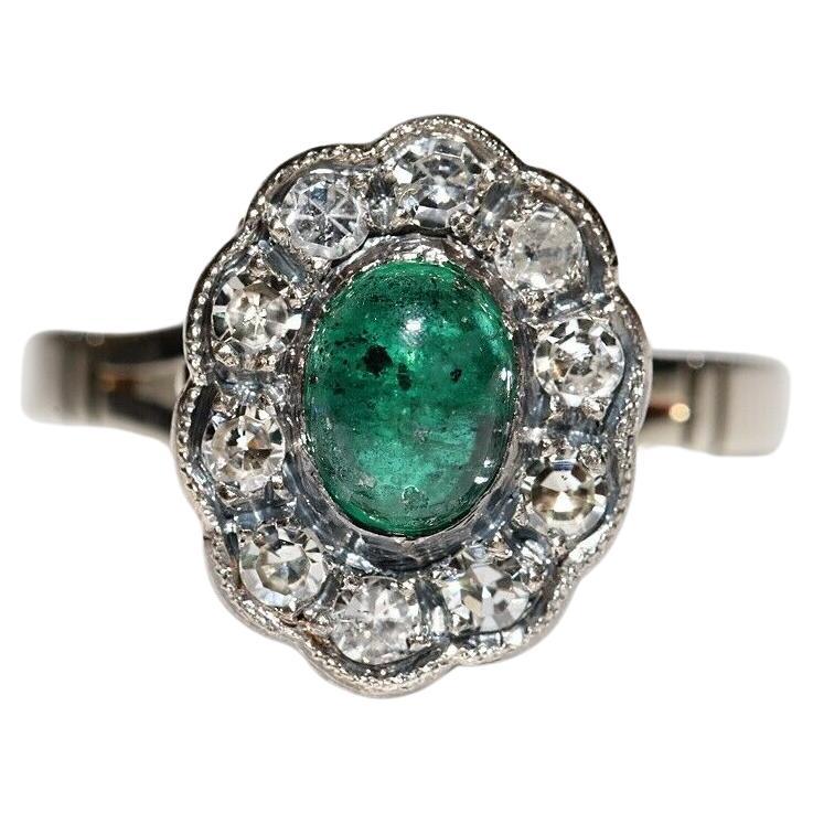 Antique 18K Gold Top Silver Natural Diamond And Cabochon Emerald Ring For Sale