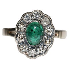 Antique 18K Gold Top Silver Natural Diamond And Cabochon Emerald Ring