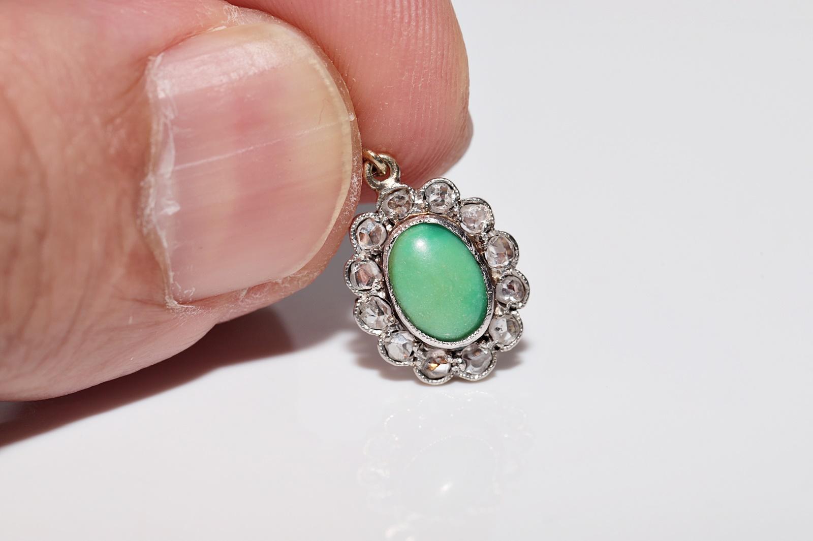 Antique 18k Gold Top Silver Natural Rose Cut Diamond And Turquoise Necklace For Sale 5