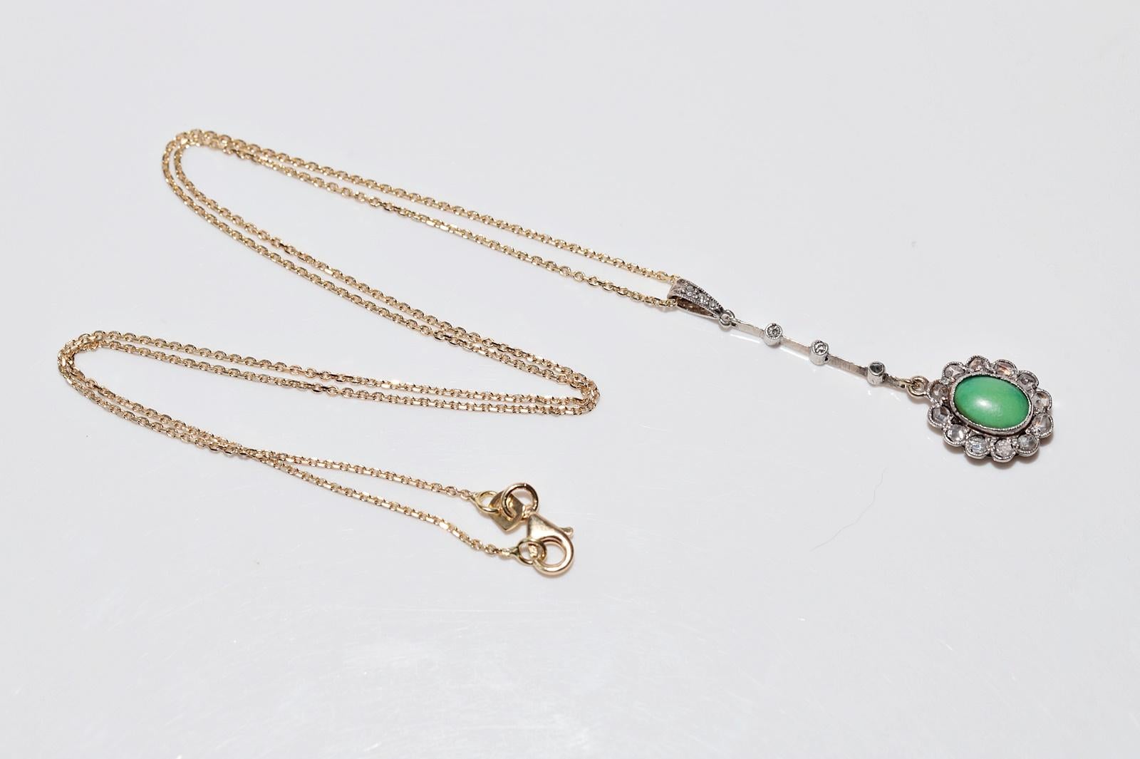 Antique 18k Gold Top Silver Natural Rose Cut Diamond And Turquoise Necklace For Sale 12