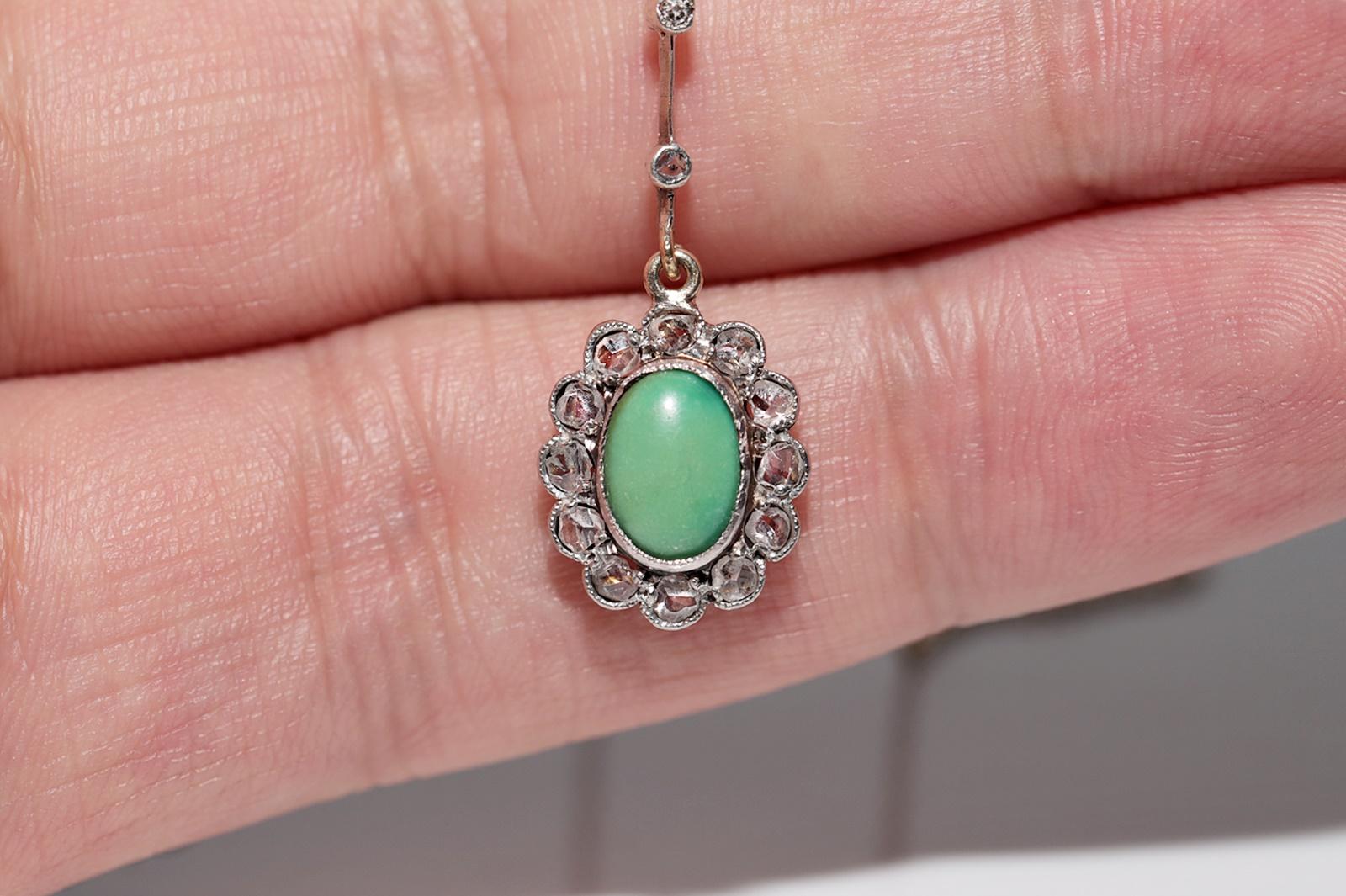 Women's Antique 18k Gold Top Silver Natural Rose Cut Diamond And Turquoise Necklace For Sale