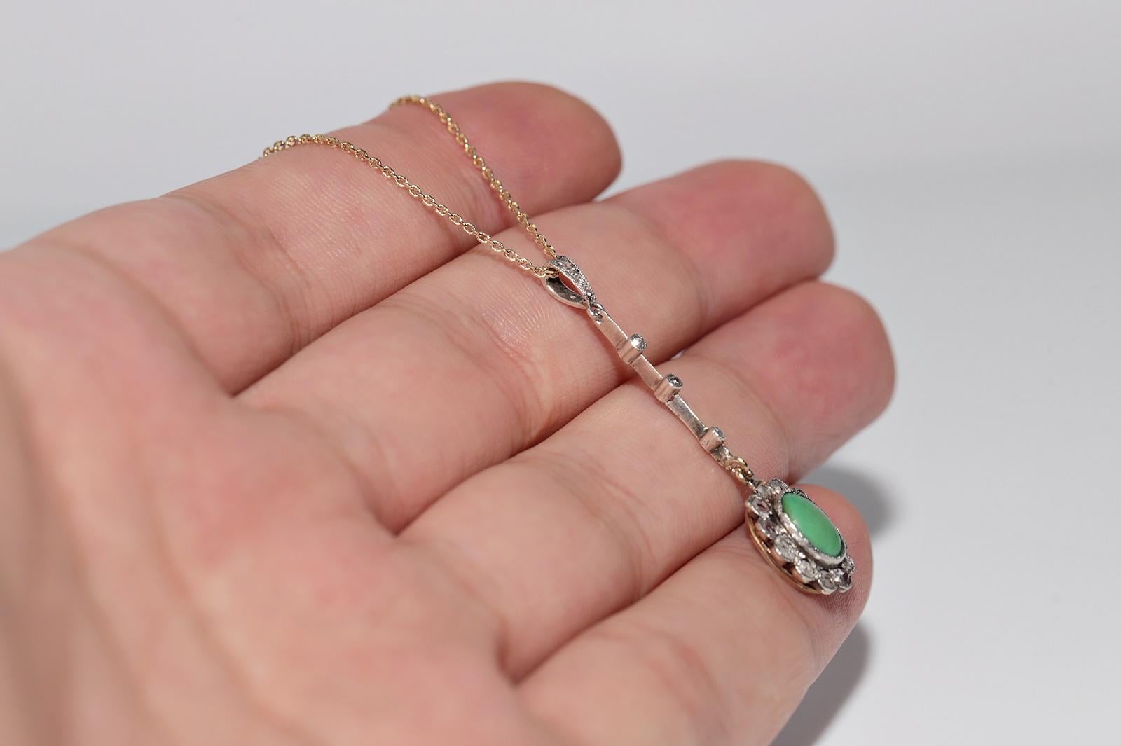 Antique 18k Gold Top Silver Natural Rose Cut Diamond And Turquoise Necklace For Sale 1