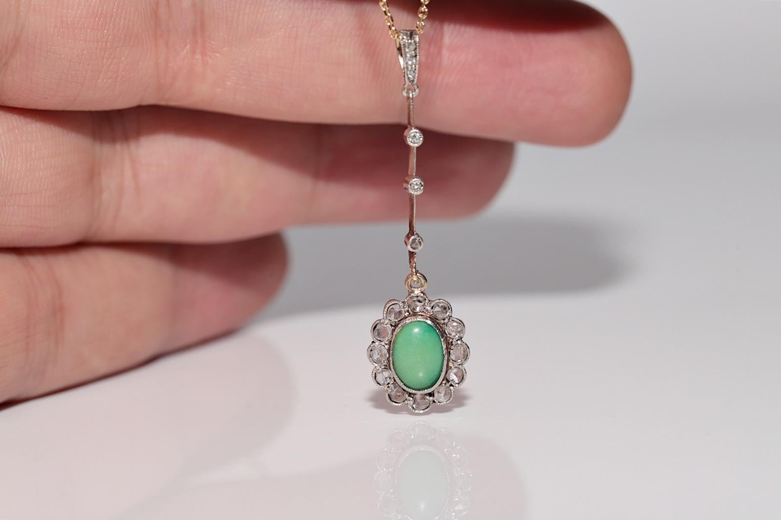 Antique 18k Gold Top Silver Natural Rose Cut Diamond And Turquoise Necklace For Sale 2