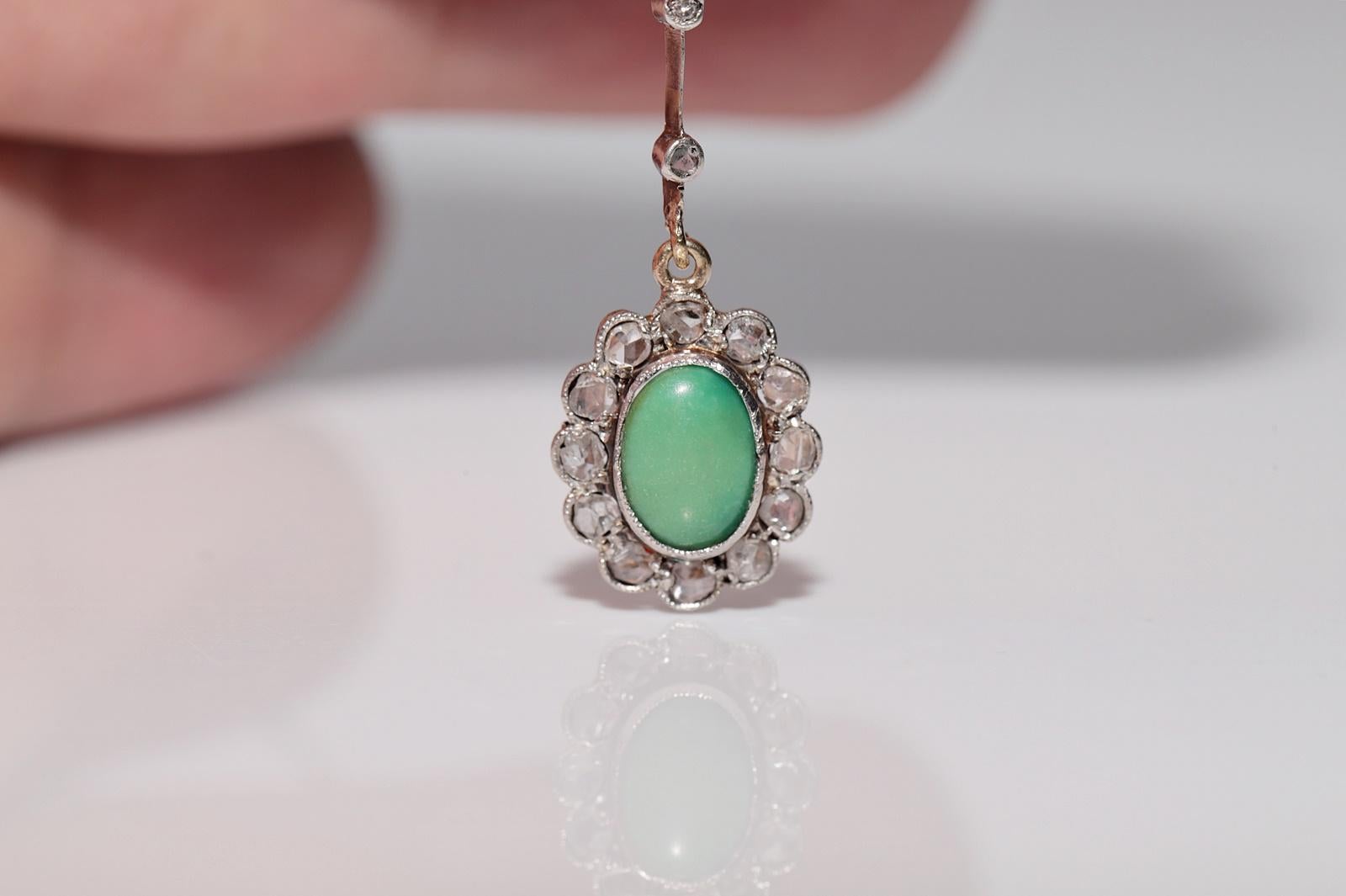 Antique 18k Gold Top Silver Natural Rose Cut Diamond And Turquoise Necklace For Sale 3
