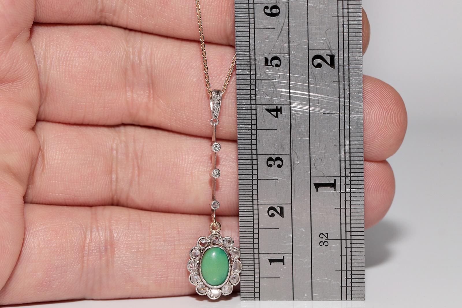 Antique 18k Gold Top Silver Natural Rose Cut Diamond And Turquoise Necklace For Sale 4