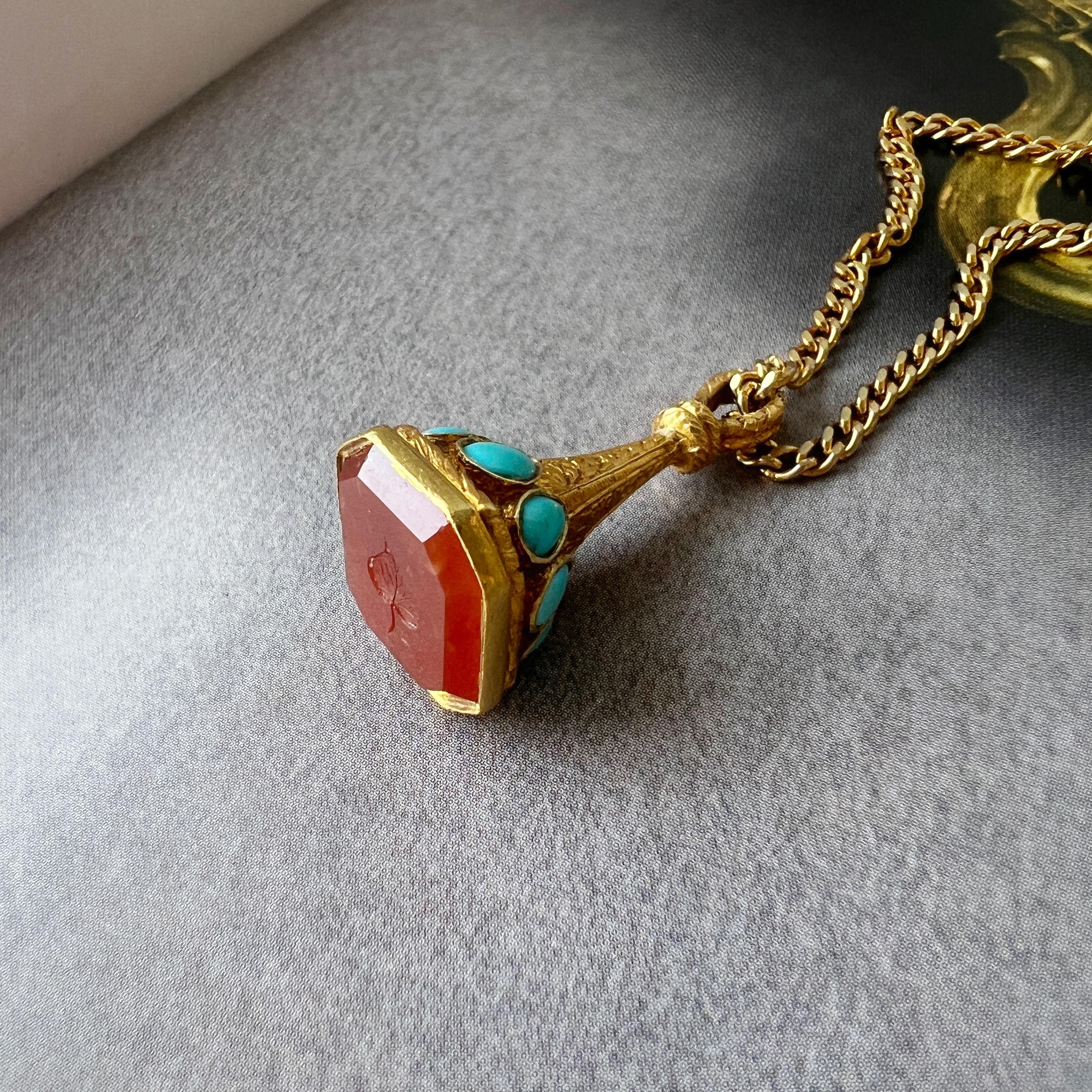 Antique 18K gold turquoise carnelian seal fob pendant “as free as a leaf” For Sale 5