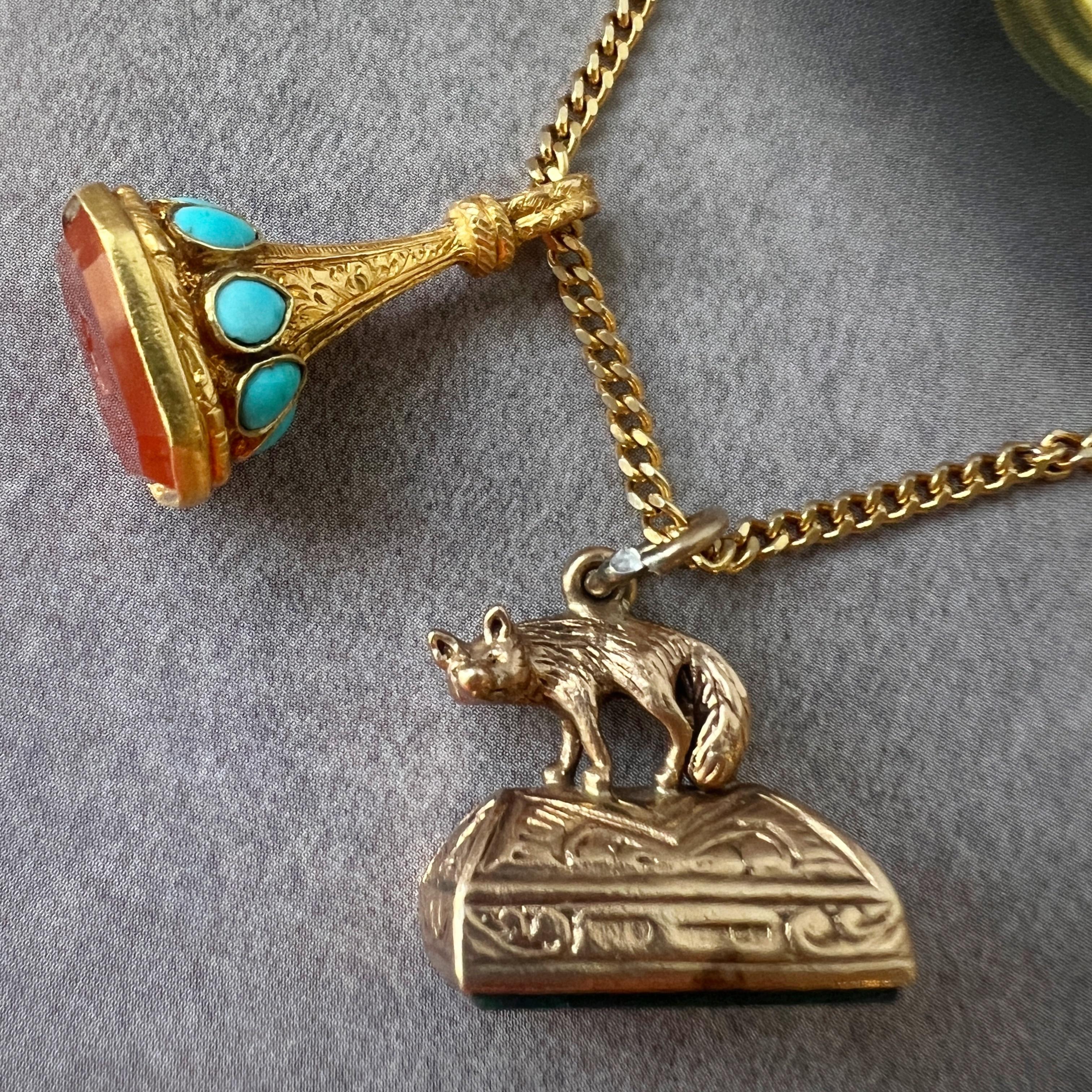 Antique 18K gold turquoise carnelian seal fob pendant “as free as a leaf” For Sale 6