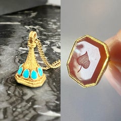 Antique 18K gold turquoise carnelian seal fob pendant “as free as a leaf”