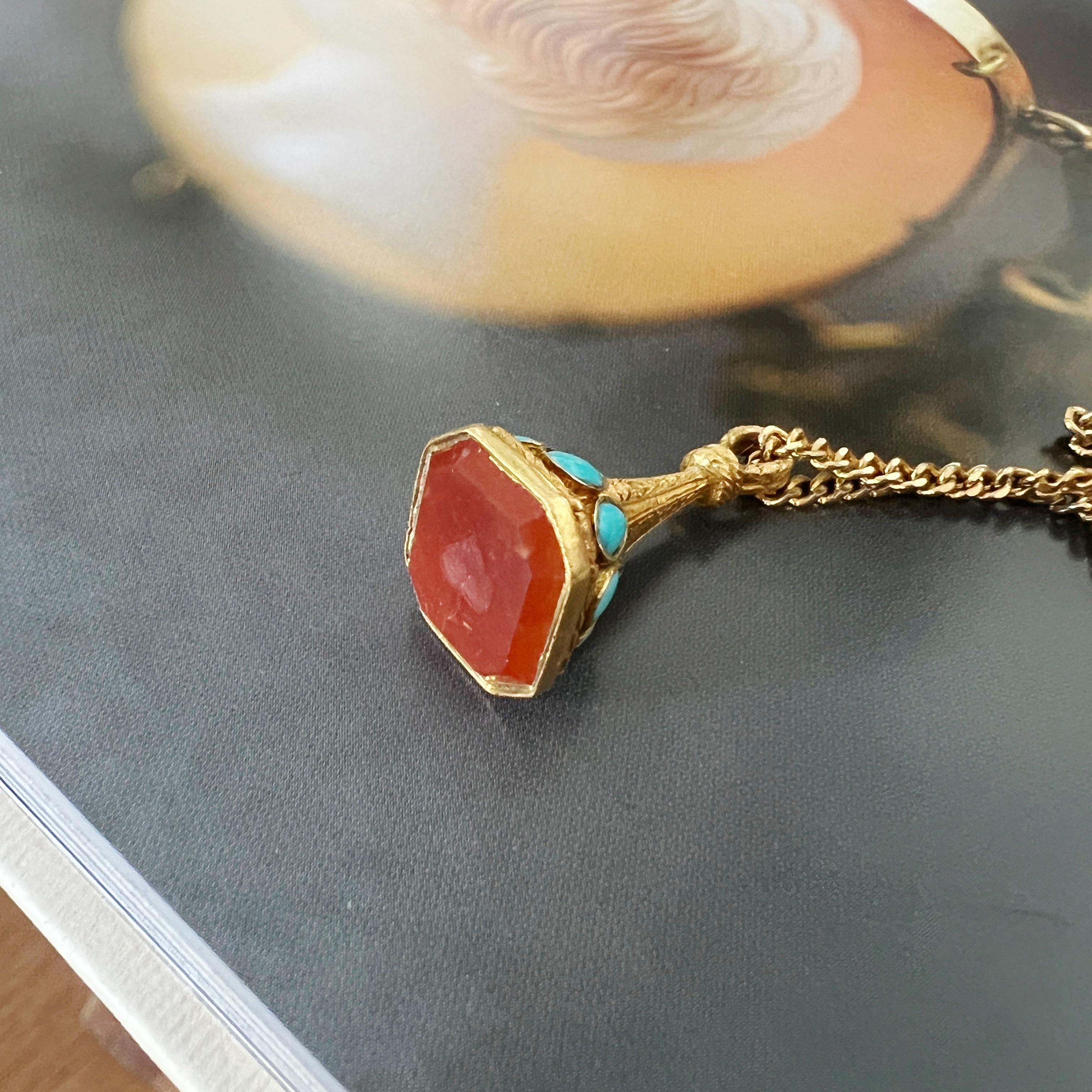 Women's or Men's Antique 18K gold turquoise carnelian seal fob pendant “as free as a leaf” For Sale