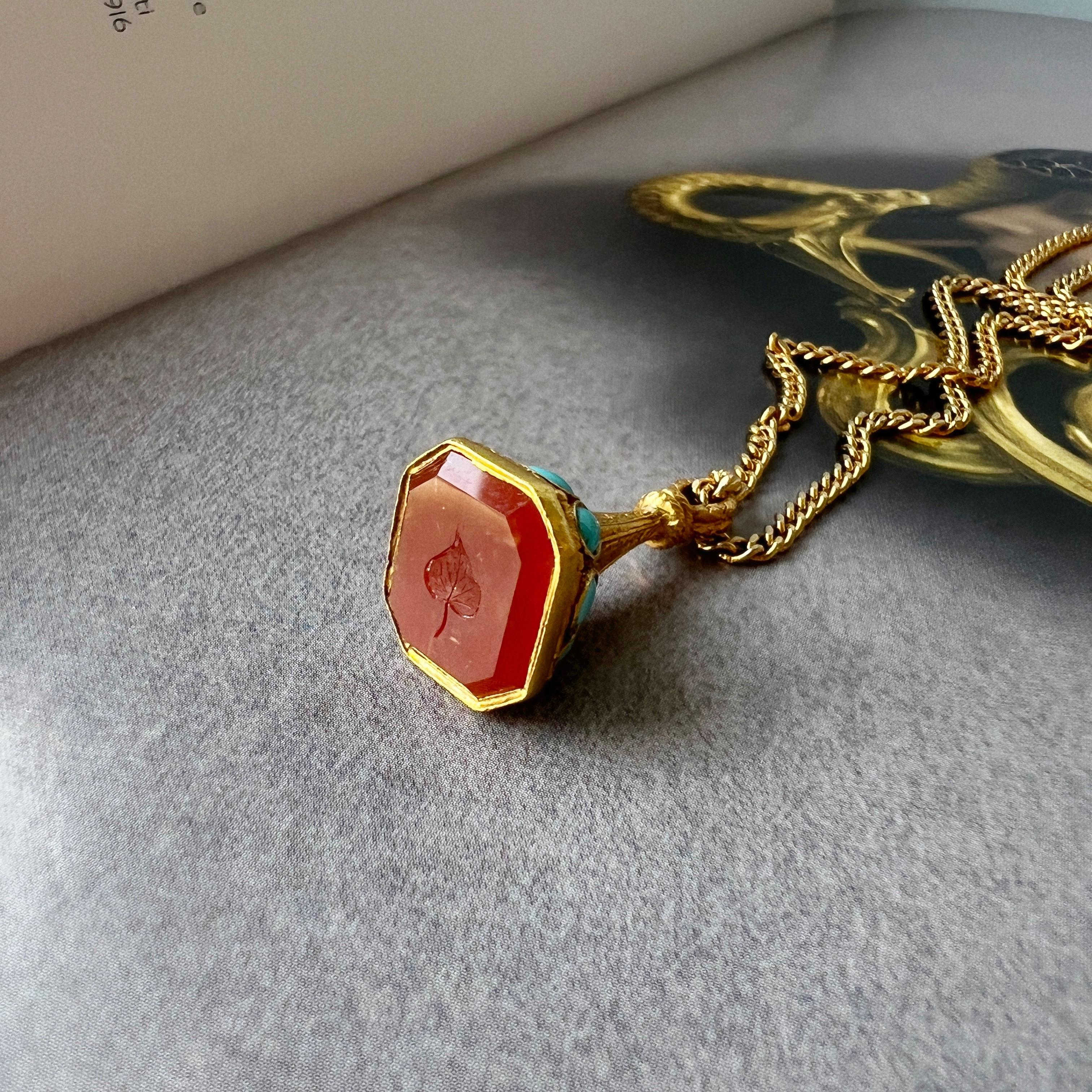 Antique 18K gold turquoise carnelian seal fob pendant “as free as a leaf” For Sale 2