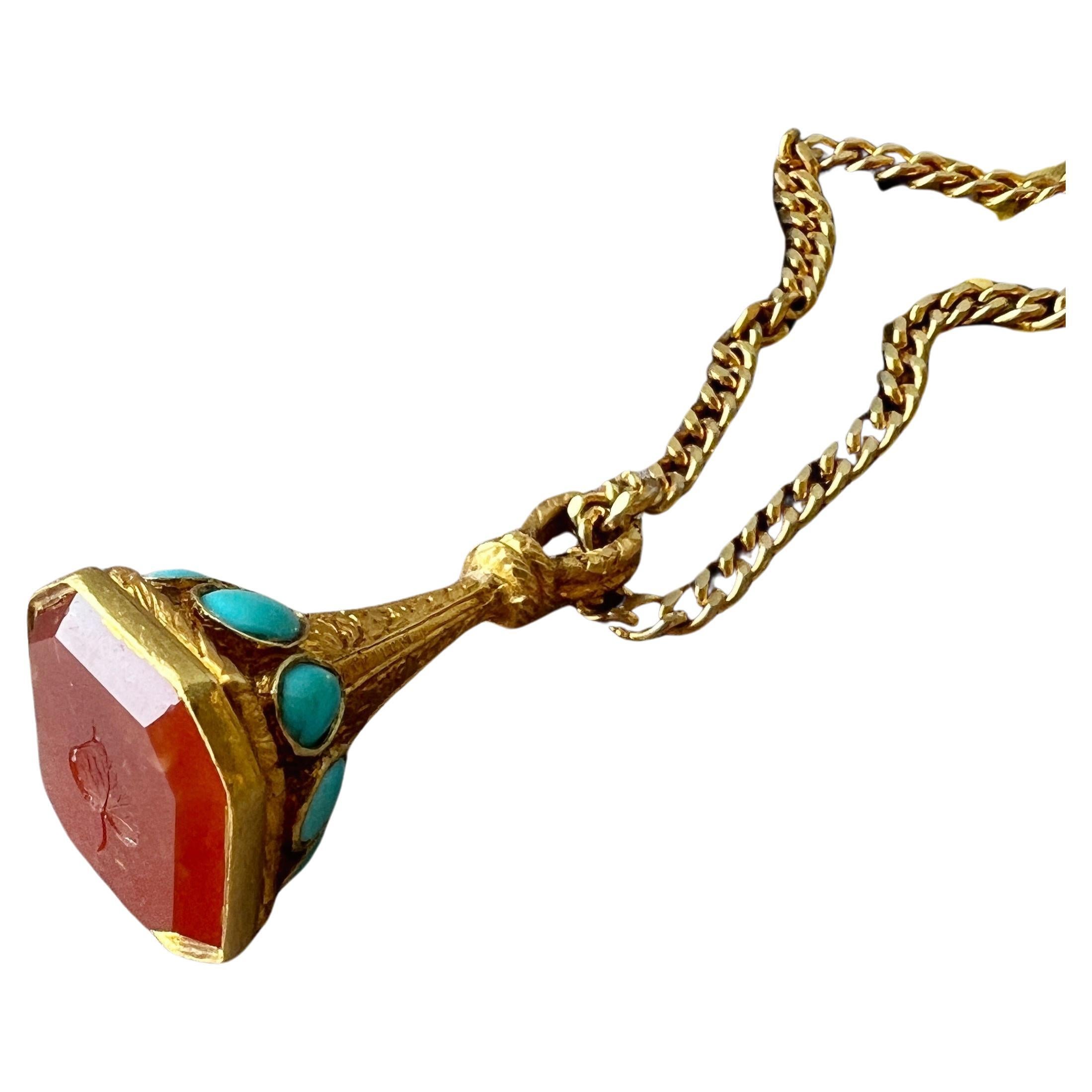 Antique 18K gold turquoise carnelian seal fob pendant “as free as a leaf”