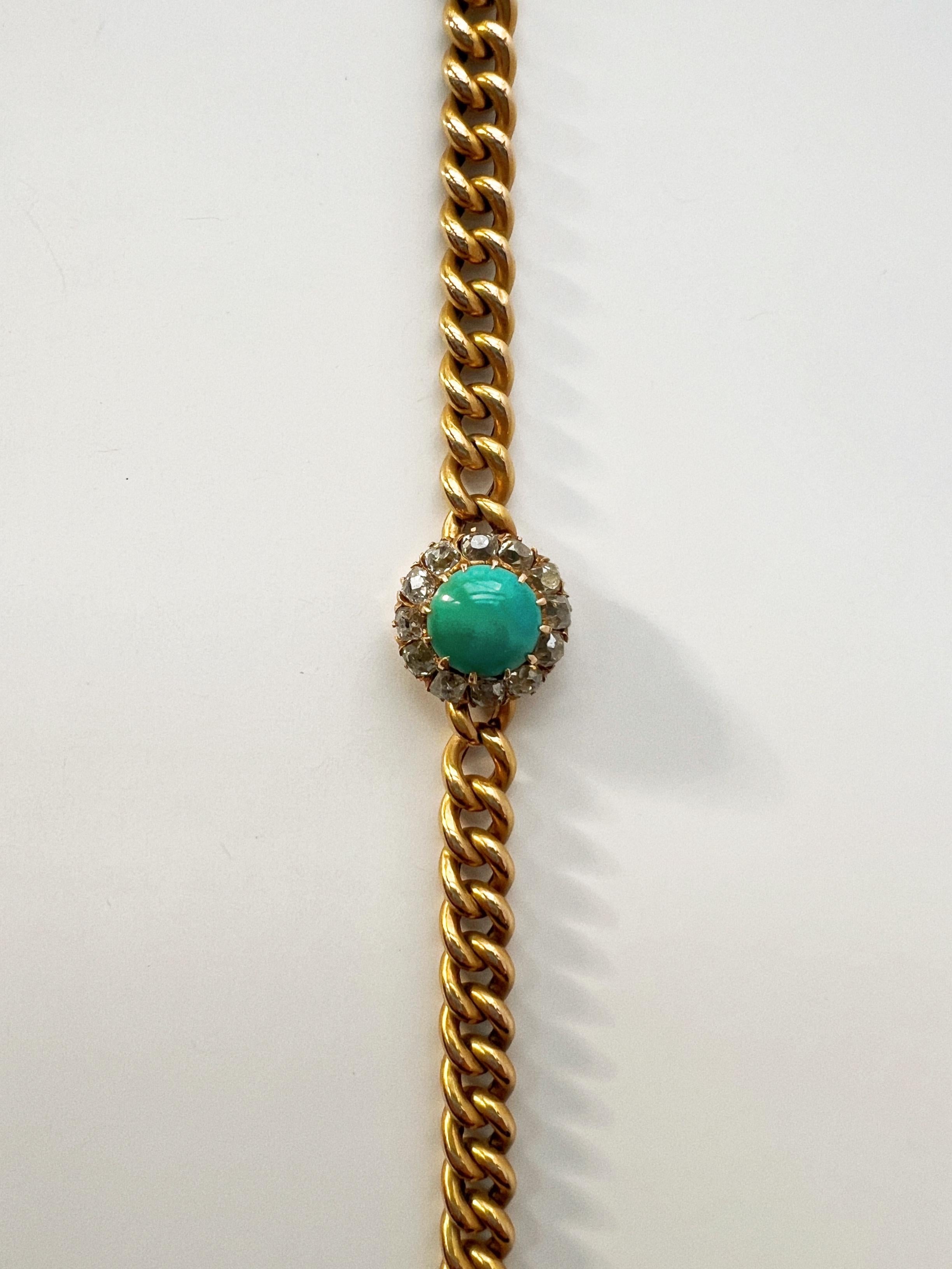 Antique 18k Gold Turquoise Diamond Flower Pendant Cuban Link Necklace 4