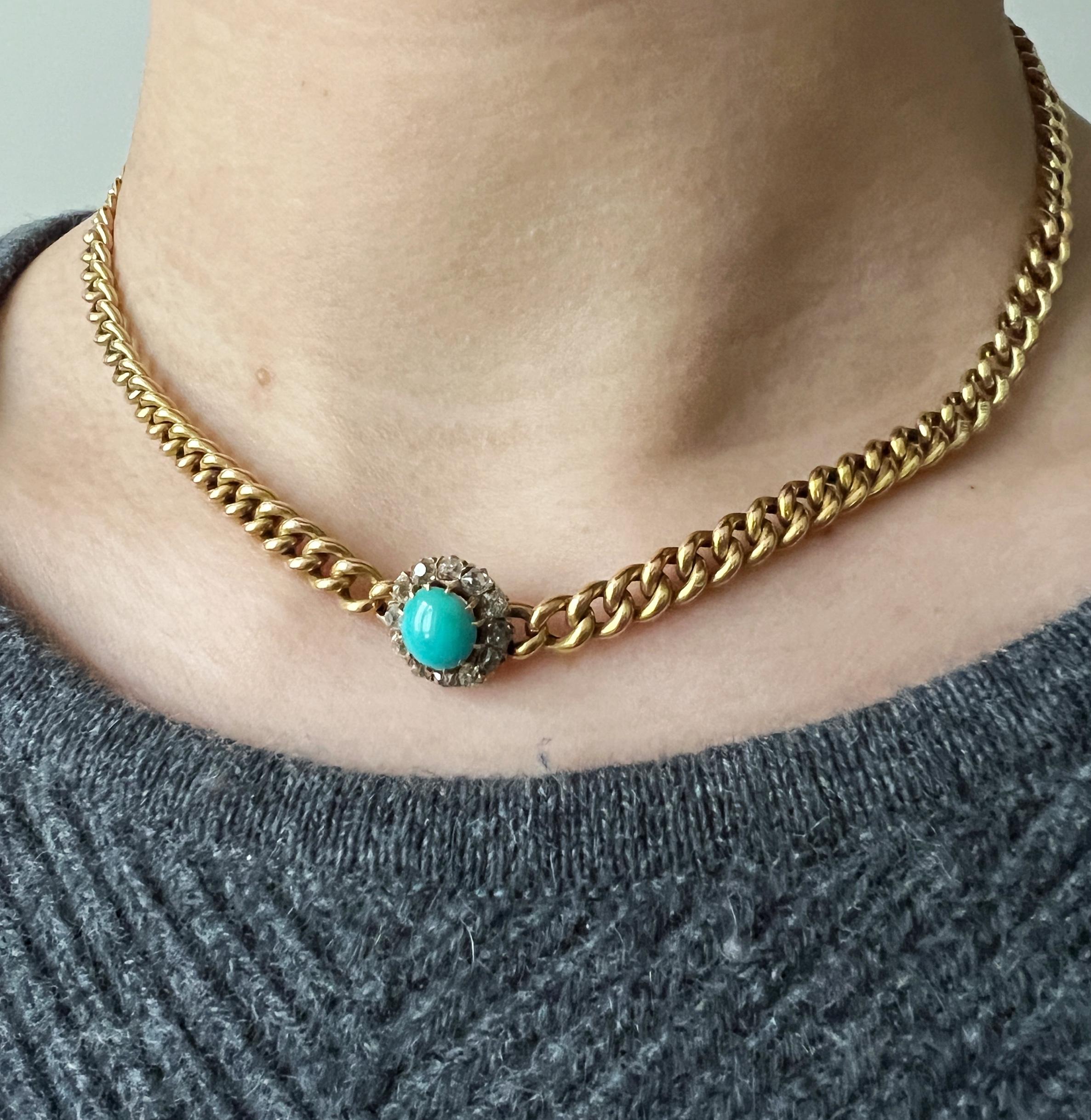 Antique 18k Gold Turquoise Diamond Flower Pendant Cuban Link Necklace 5