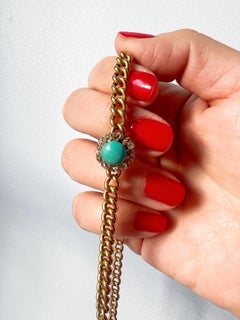 Antique 18k Gold Turquoise Diamond Flower Pendant Cuban Link Necklace