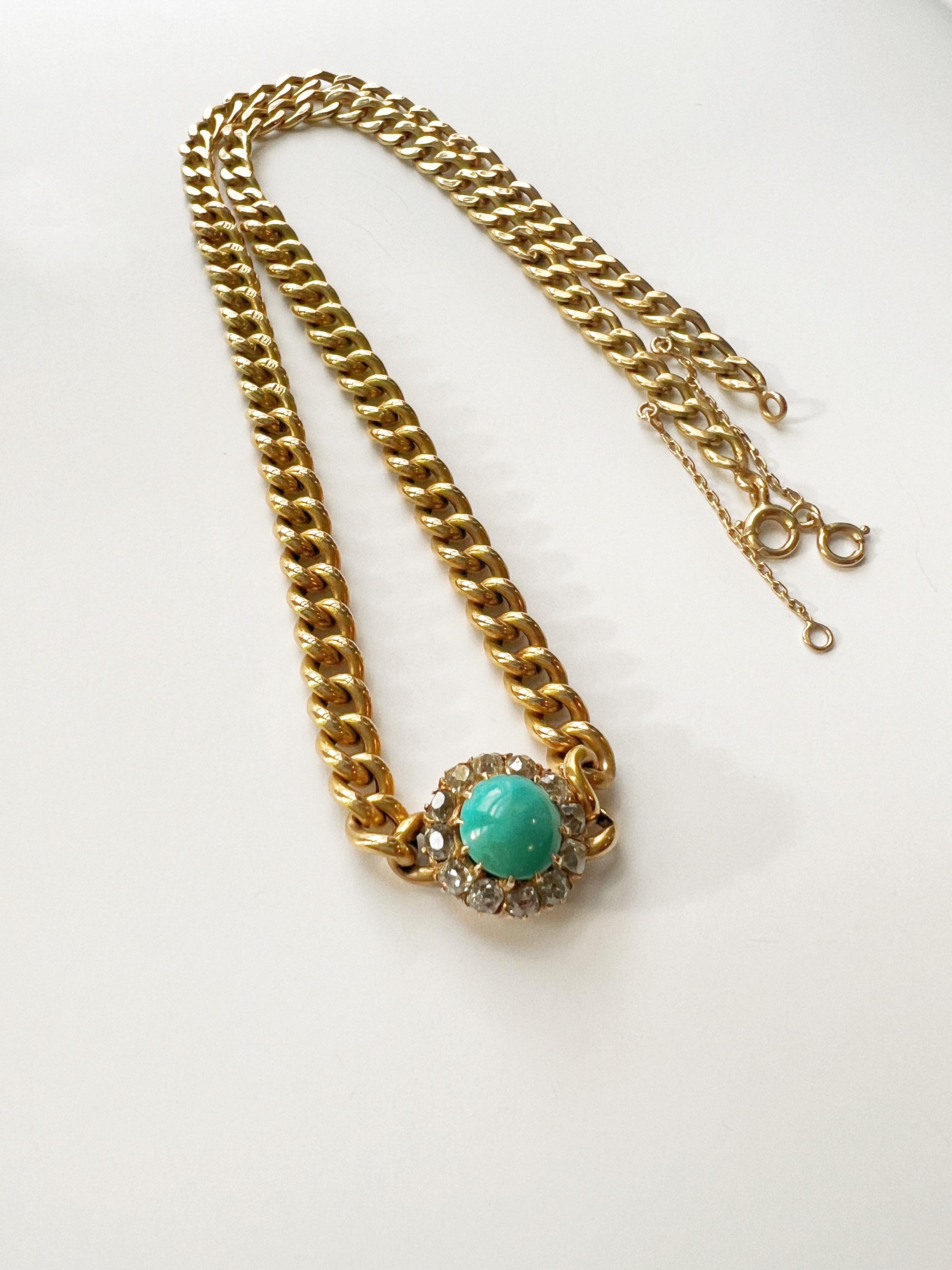 Rose Cut Antique 18k Gold Turquoise Diamond Flower Pendant Cuban Link Necklace