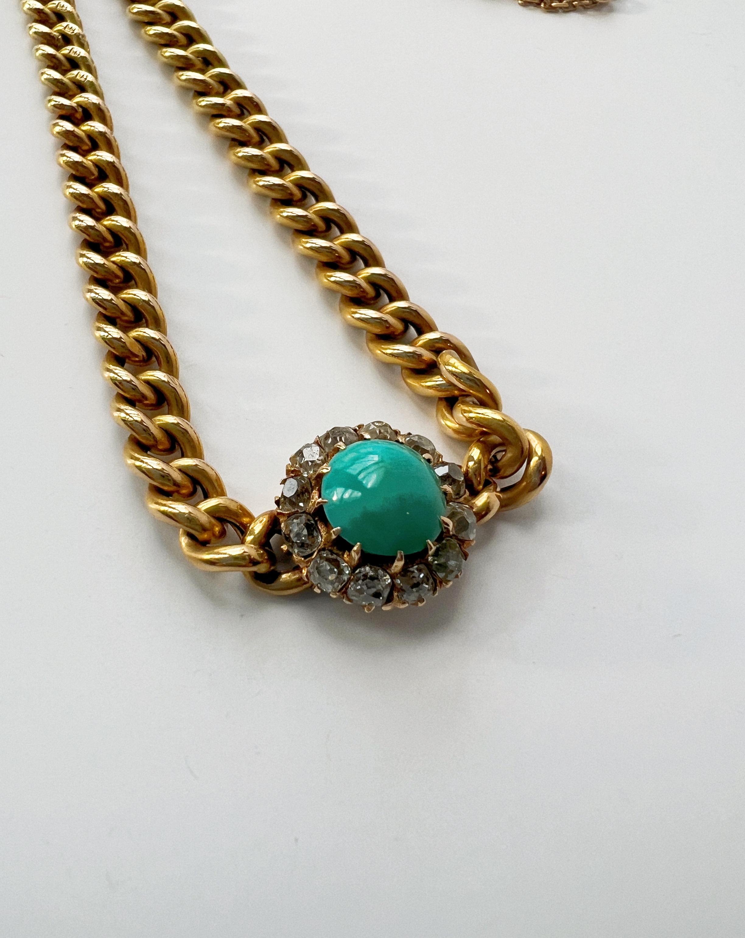 Women's or Men's Antique 18k Gold Turquoise Diamond Flower Pendant Cuban Link Necklace
