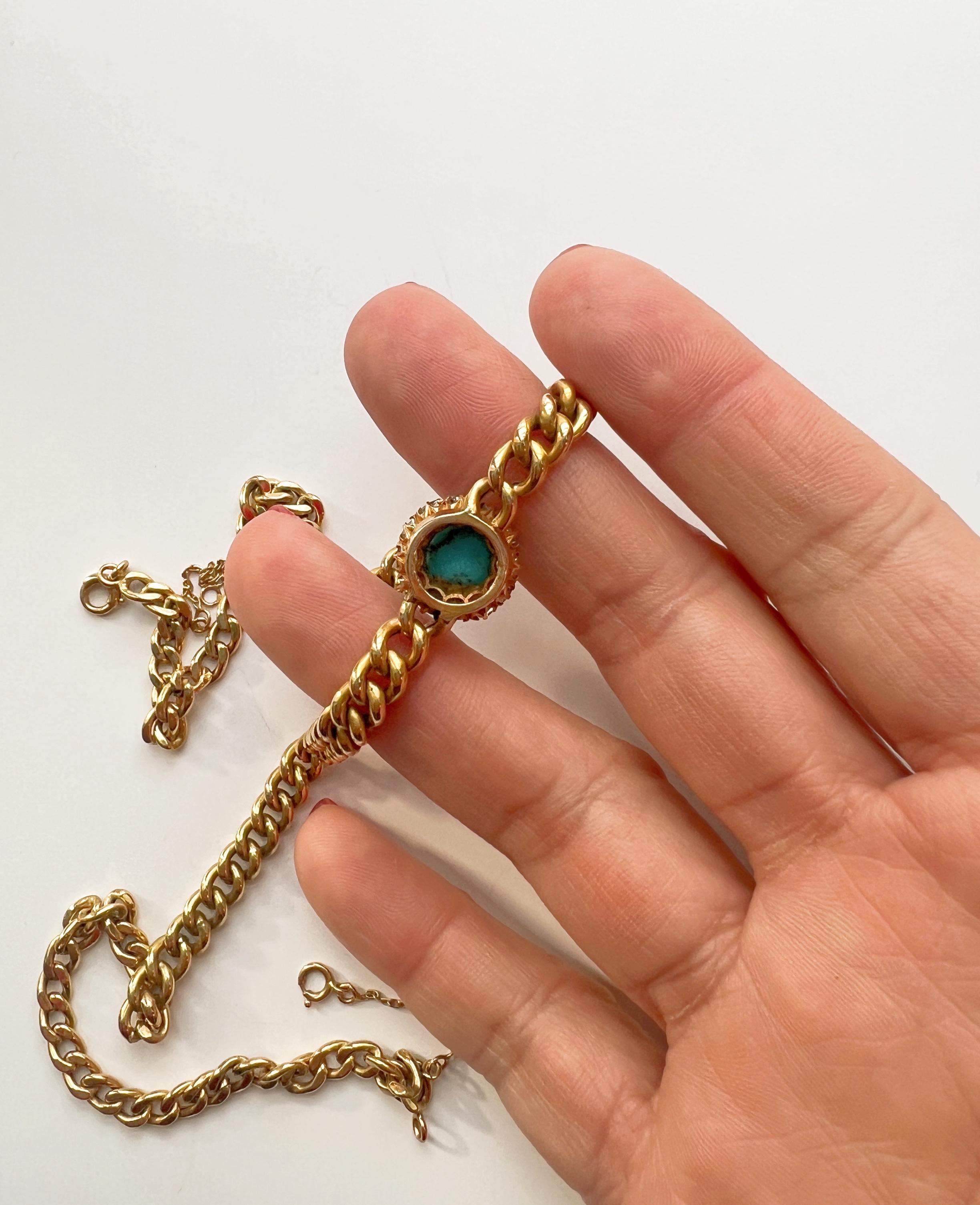 Antique 18k Gold Turquoise Diamond Flower Pendant Cuban Link Necklace 1