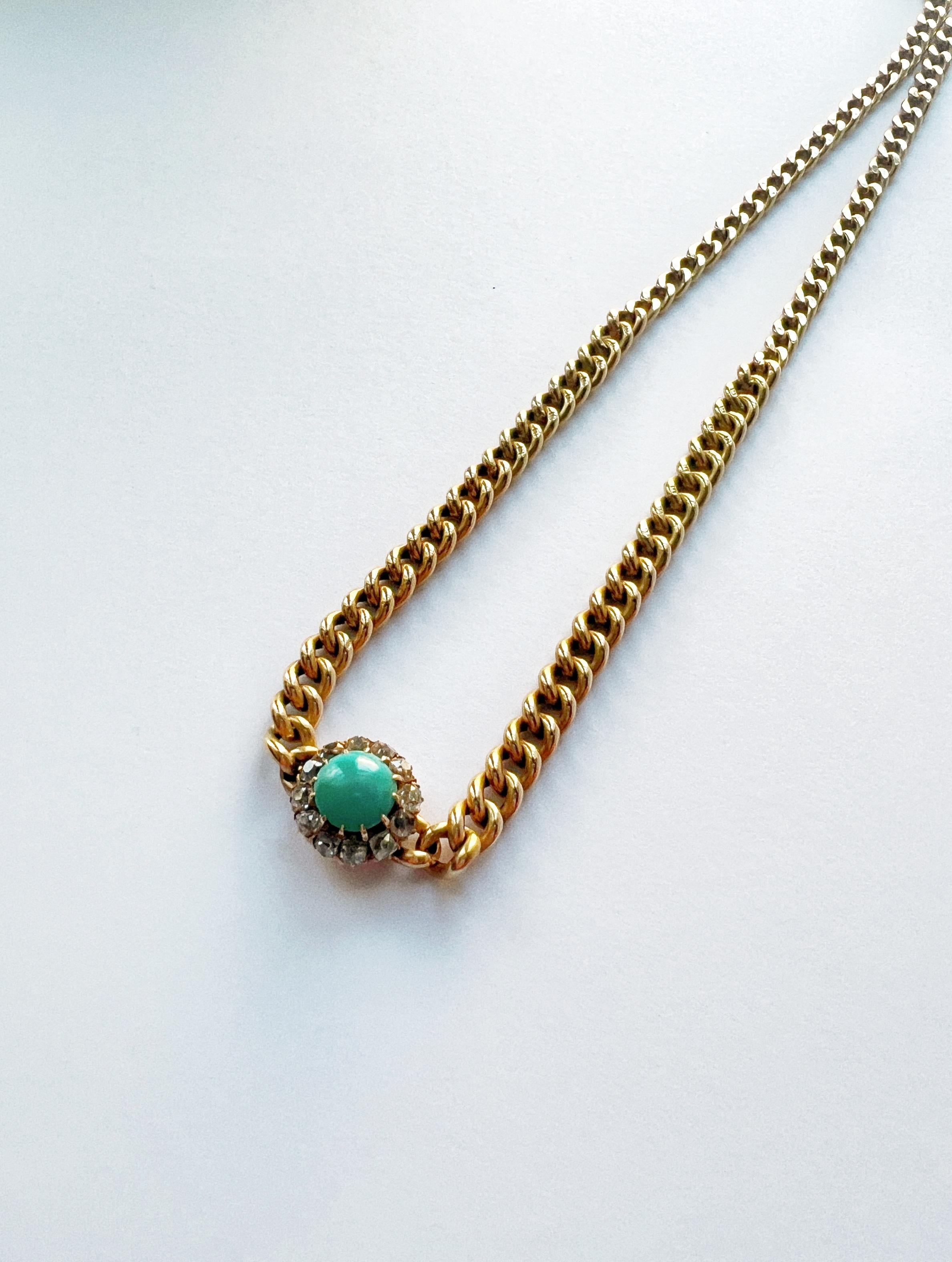Antique 18k Gold Turquoise Diamond Flower Pendant Cuban Link Necklace 2