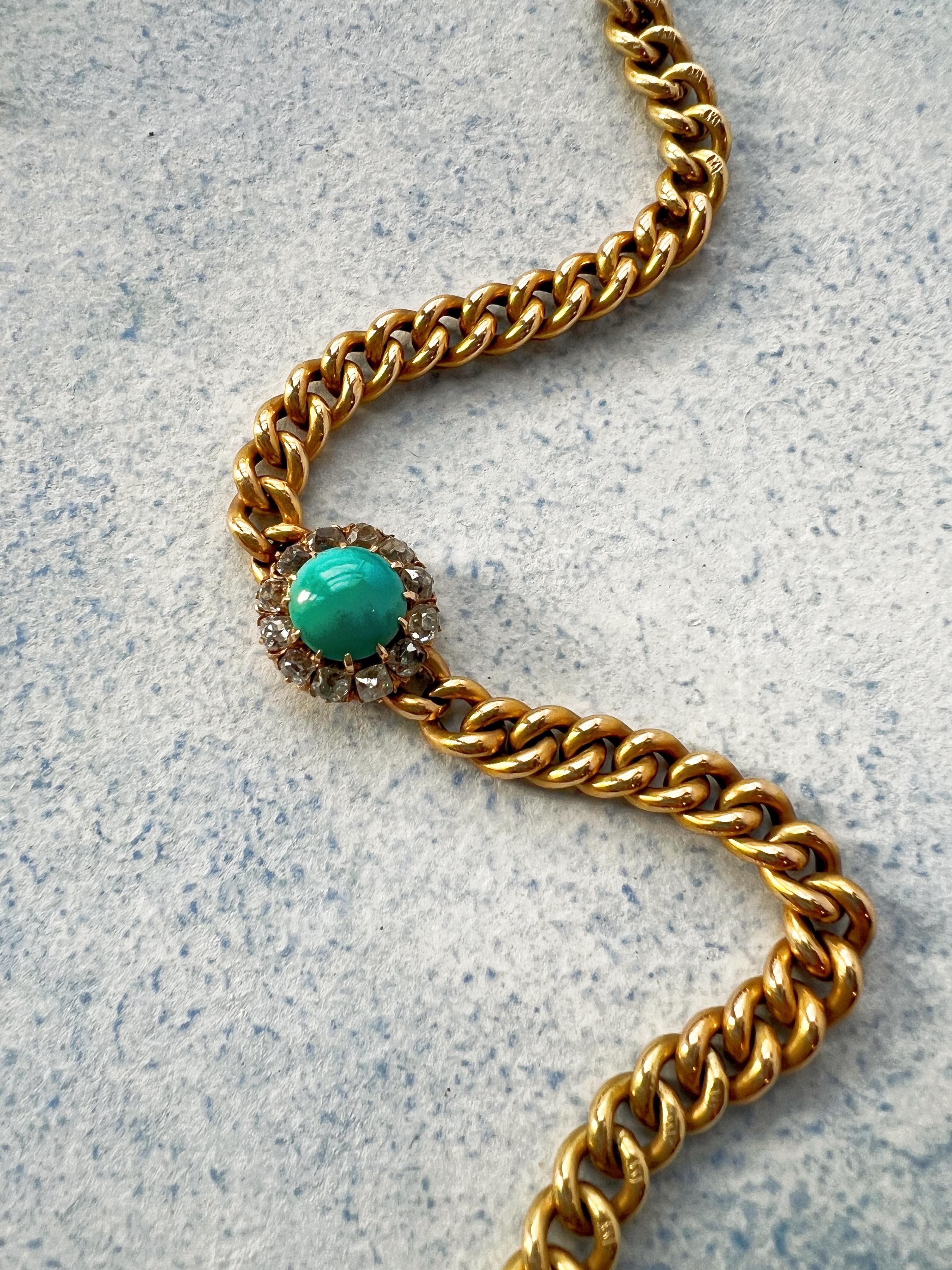 Antique 18k Gold Turquoise Diamond Flower Pendant Cuban Link Necklace 3