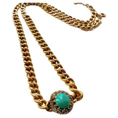 Antique 18k Gold Turquoise Diamond Flower Pendant Cuban Link Necklace