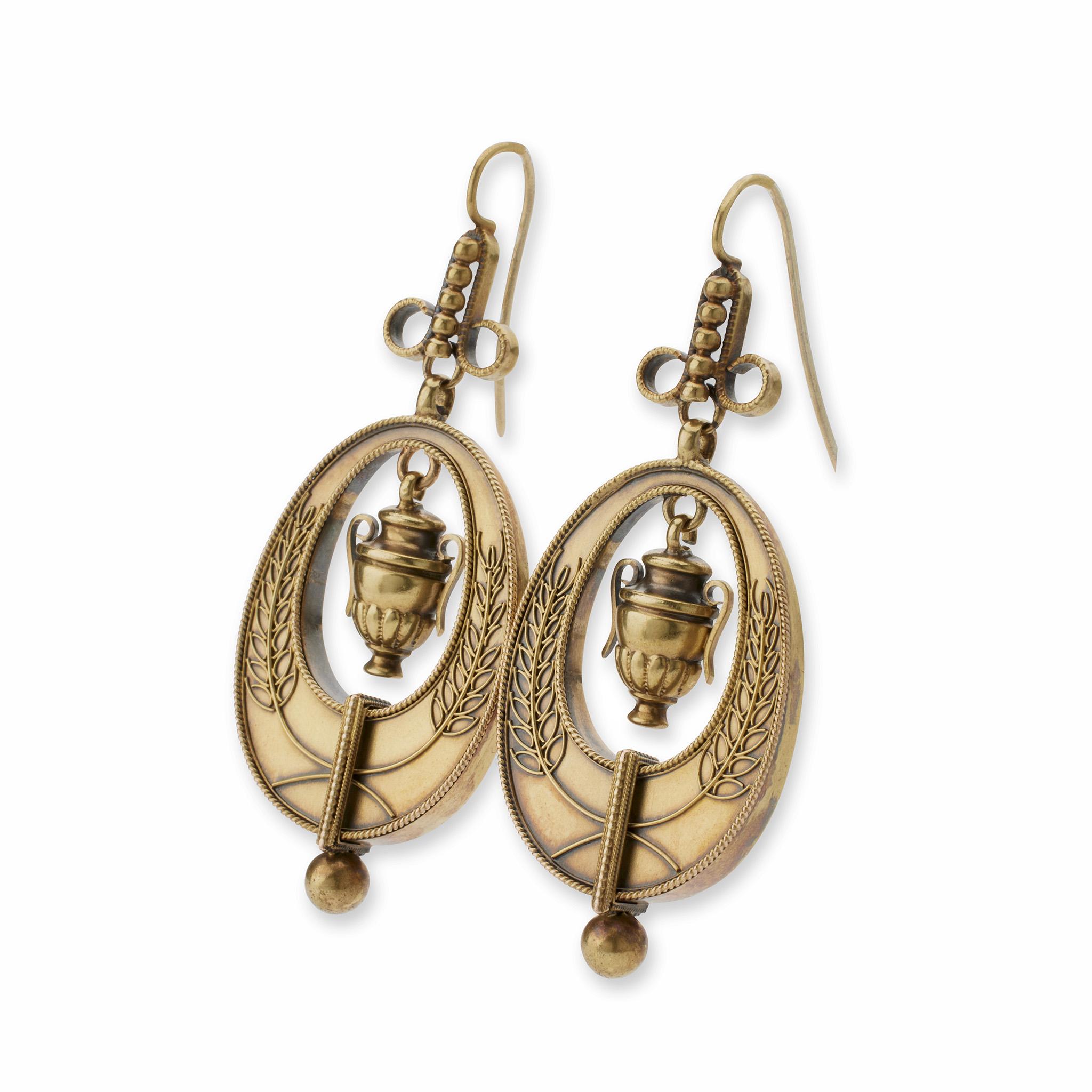 Victorian Antique 18K Gold Urn and Wreath Pendant Earrings For Sale