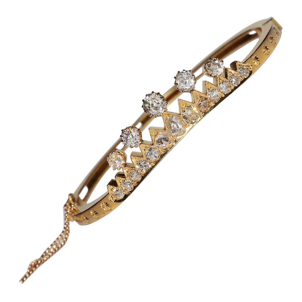 Bracciale antico in oro 18 carati vittoriano, circa 1900, con diamanti naturali taglio miniera