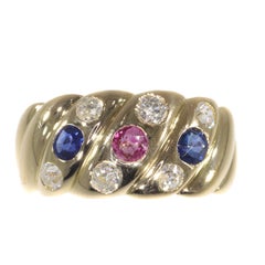Antique 18 Karat Gold Victorian Diamond Sapphire and Ruby Engagement Ring, 1880s