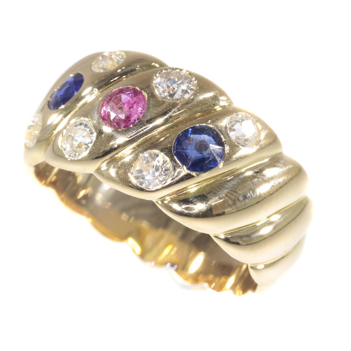 Antique 18 Karat Gold Victorian Diamond Sapphire and Ruby Engagement Ring, 1880s For Sale 1