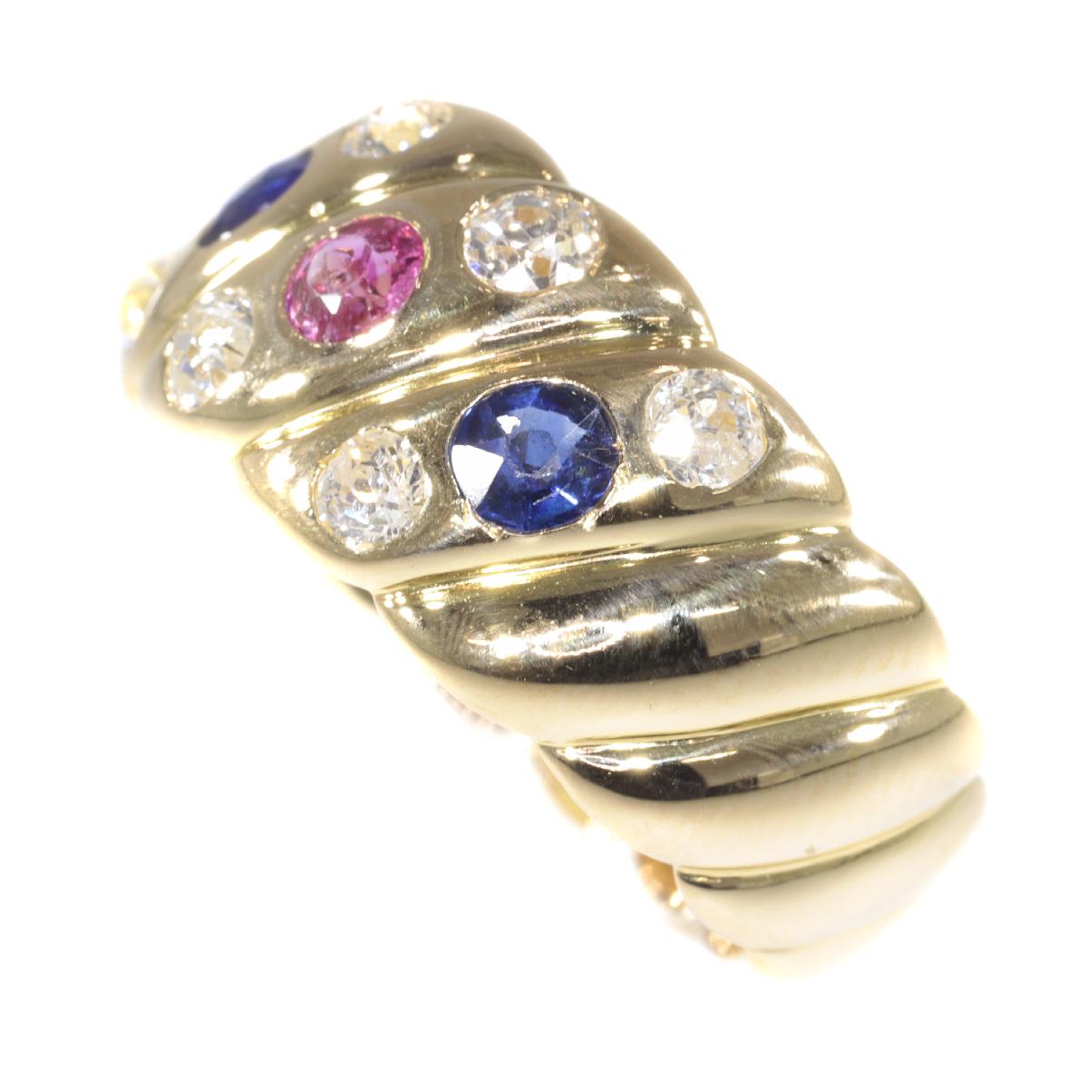Antique 18 Karat Gold Victorian Diamond Sapphire and Ruby Engagement Ring, 1880s For Sale 2