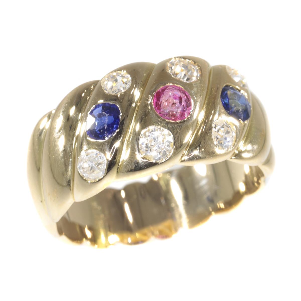 Antique 18 Karat Gold Victorian Diamond Sapphire and Ruby Engagement Ring, 1880s For Sale 5