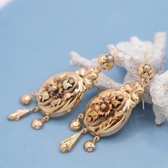 Antike viktorianische Ohrringe aus 18-karätigem Gold, niederländische Erbstücke aus den 1880er Jahren, hängende Ohrringe mit Blumenmotiv und Perlen
