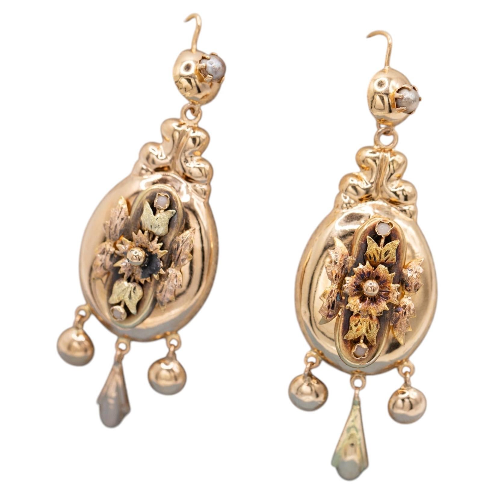 Antique 18k Gold Victorian Earrings, 1880's Dutch Heirlooms, Floral Pearl Dangle