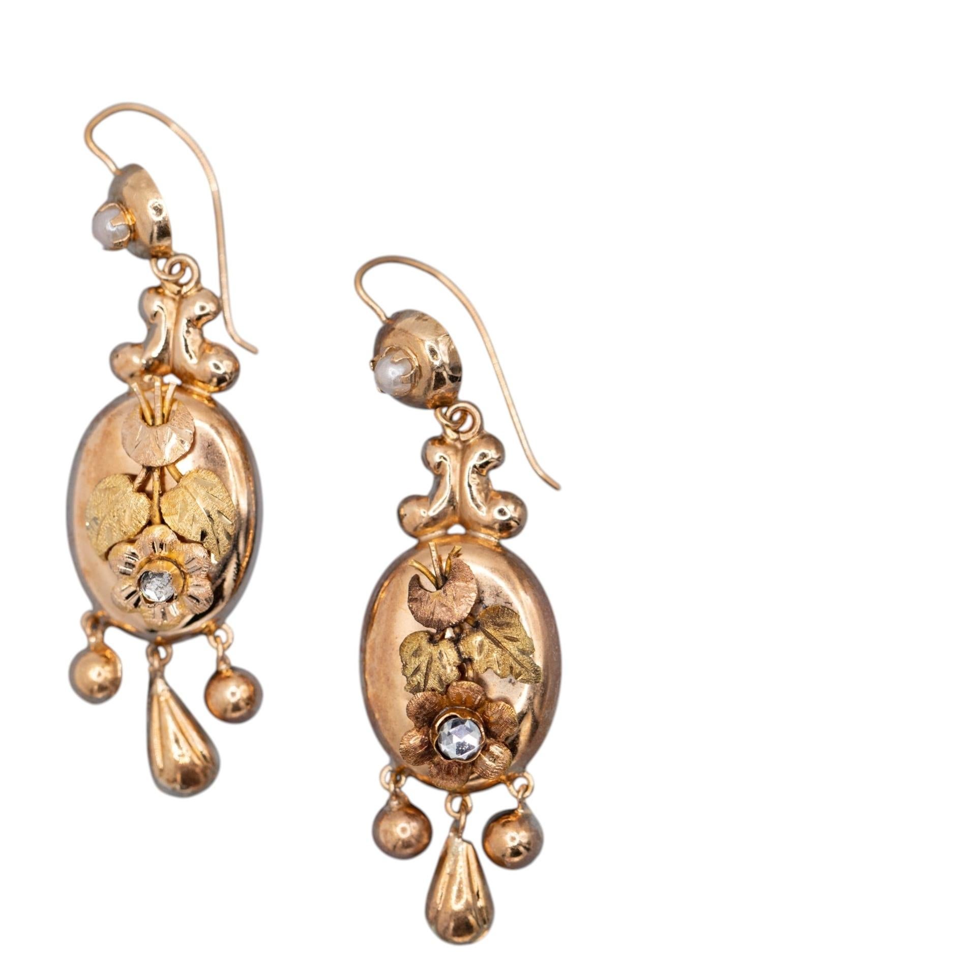 Antique 18k Gold Victorian Earrings, 1880's Dutch Heirlooms, Floral Pearl Dangle