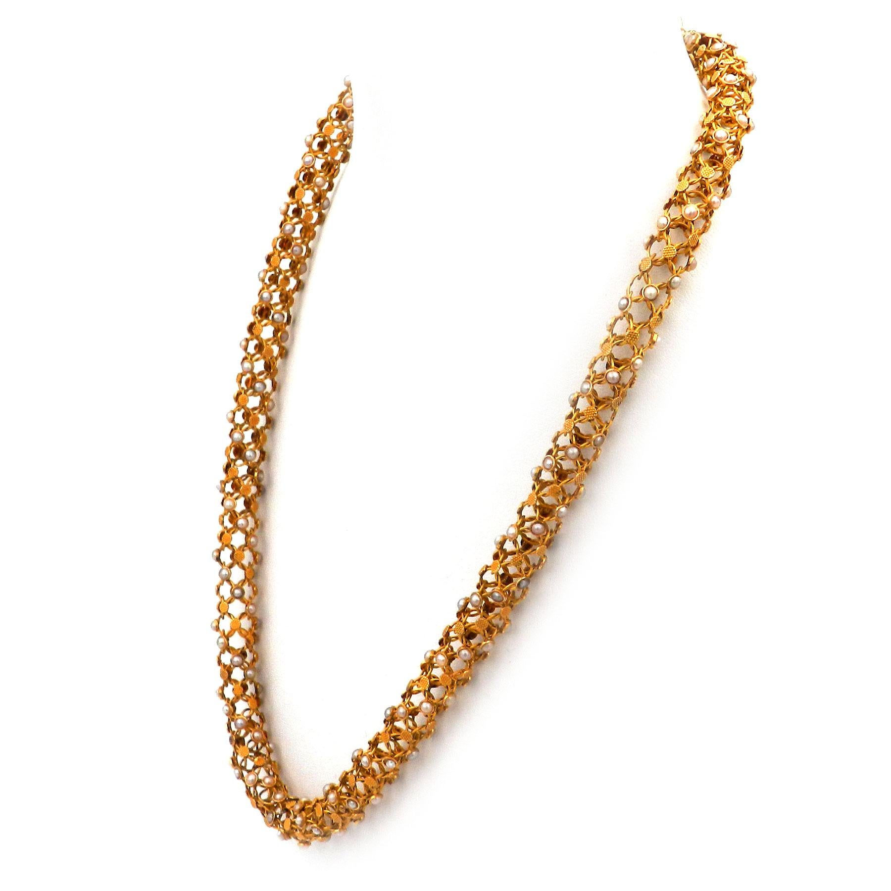 Round Cut Antique 18K Gold Woven Oriental Pearl Tube Necklace Paris circa 1870