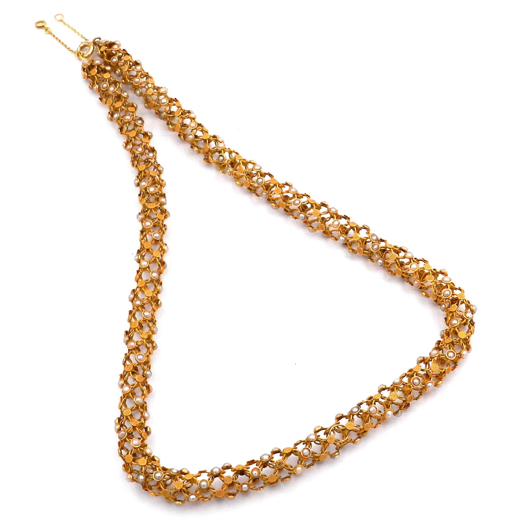 Women's Antique 18K Gold Woven Oriental Pearl Tube Necklace Paris circa 1870