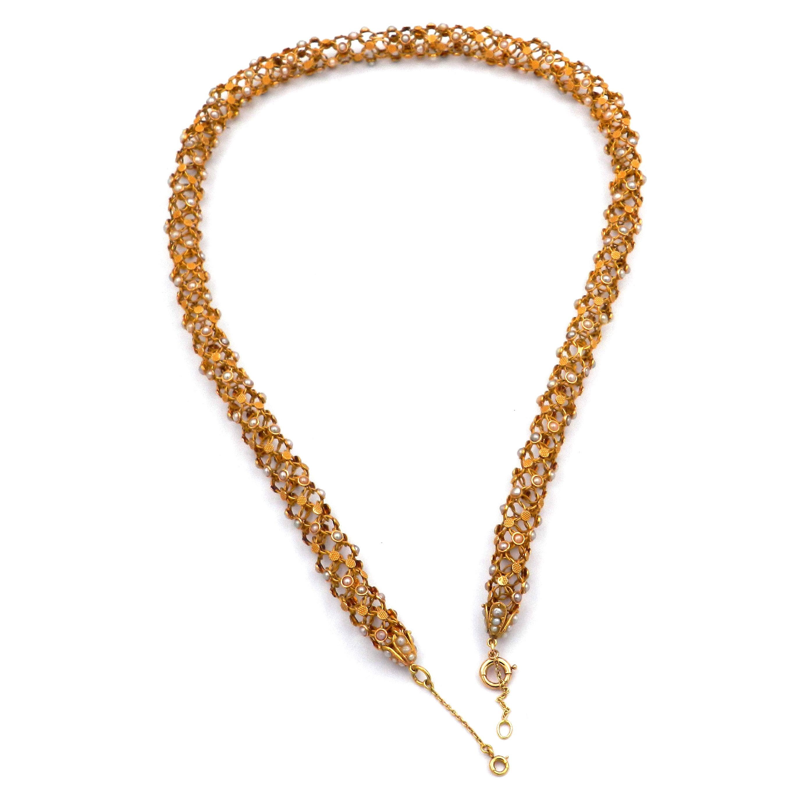 Antique 18K Gold Woven Oriental Pearl Tube Necklace Paris circa 1870 1