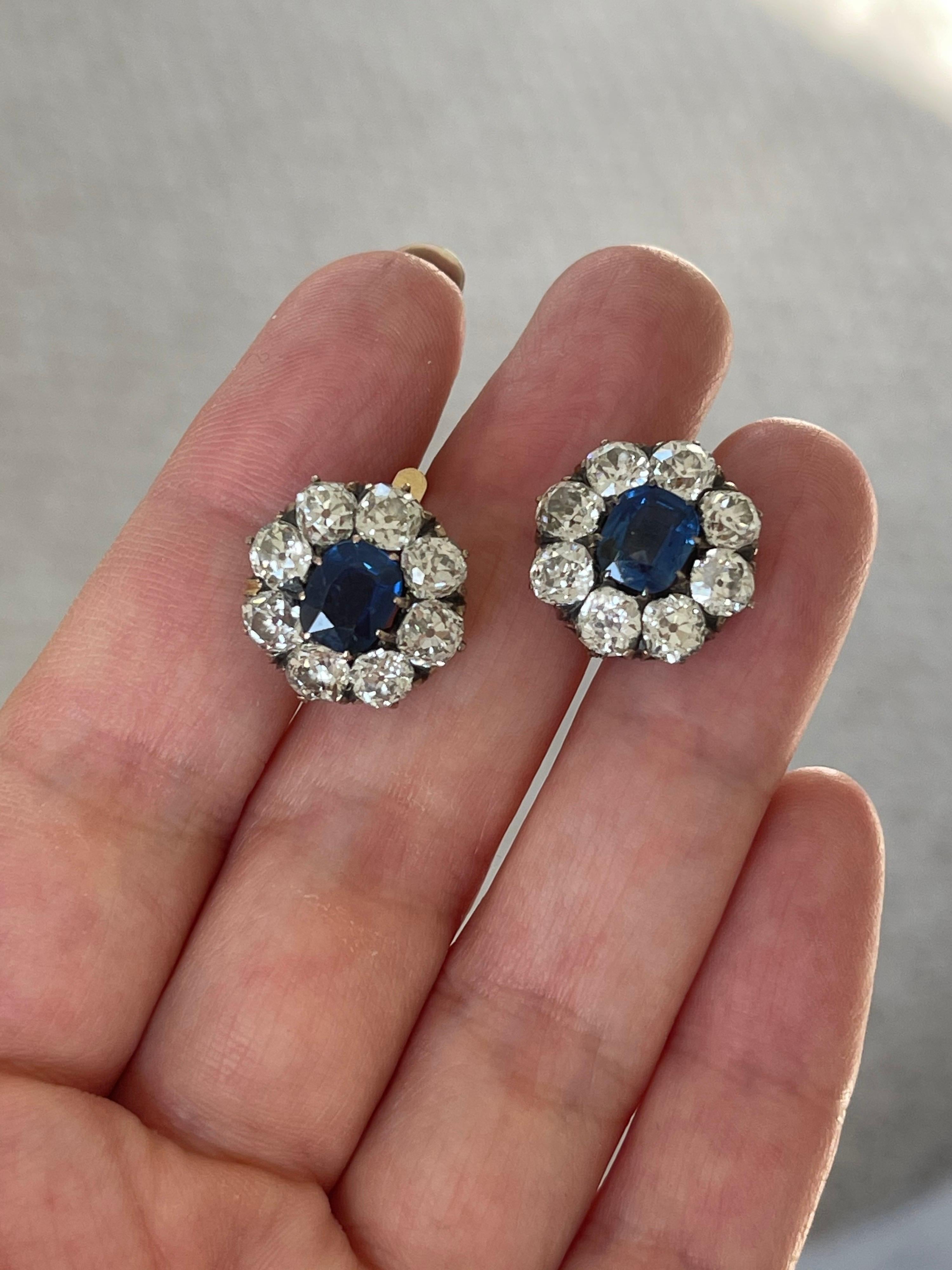 Women's or Men's Antique Victorian 18 Karat Old Mine Diamond Sapphire Cluster Earrings