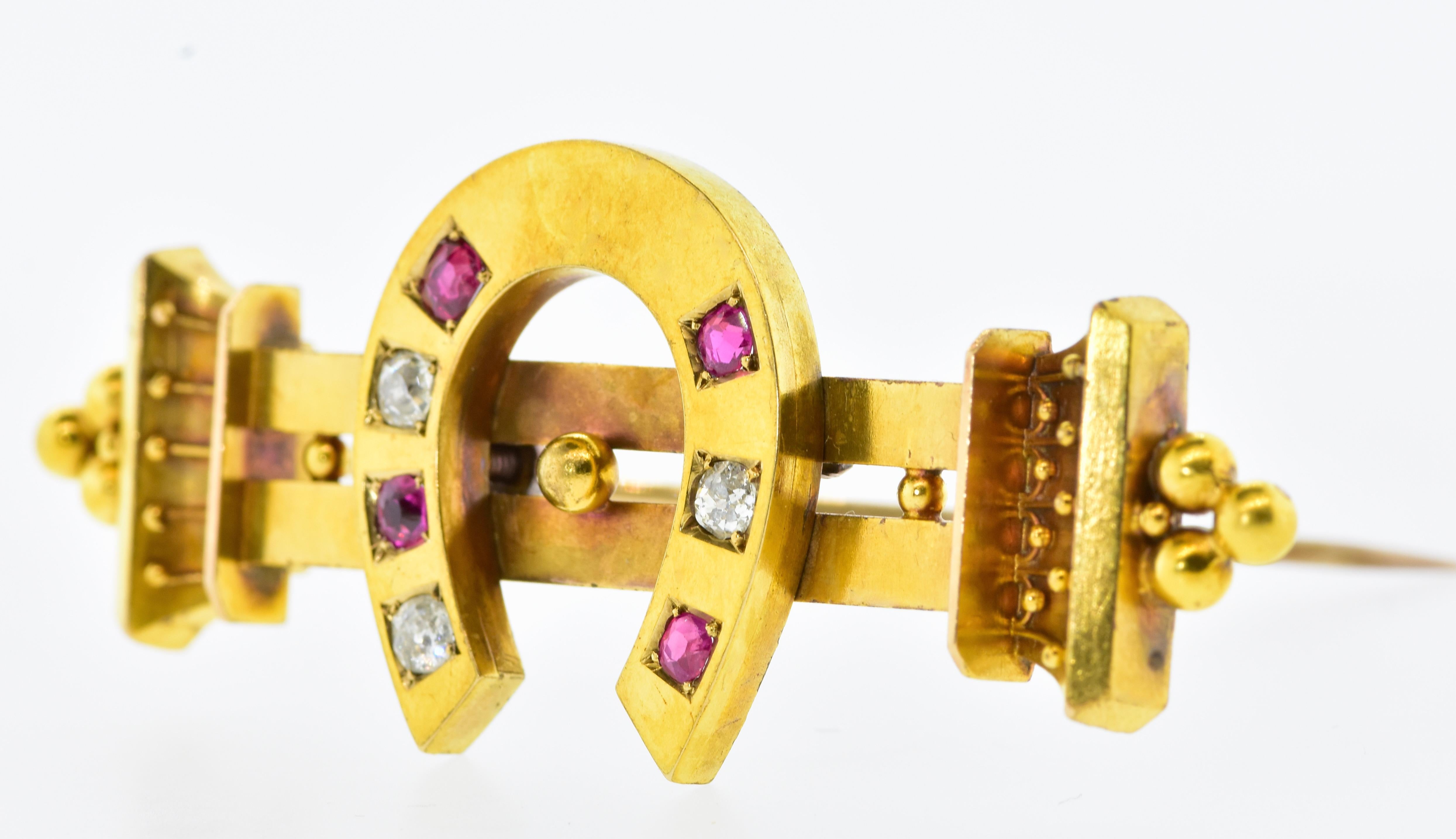 Victorian Antique 18K Pin with Rubies and Diamonds, c. 1880
