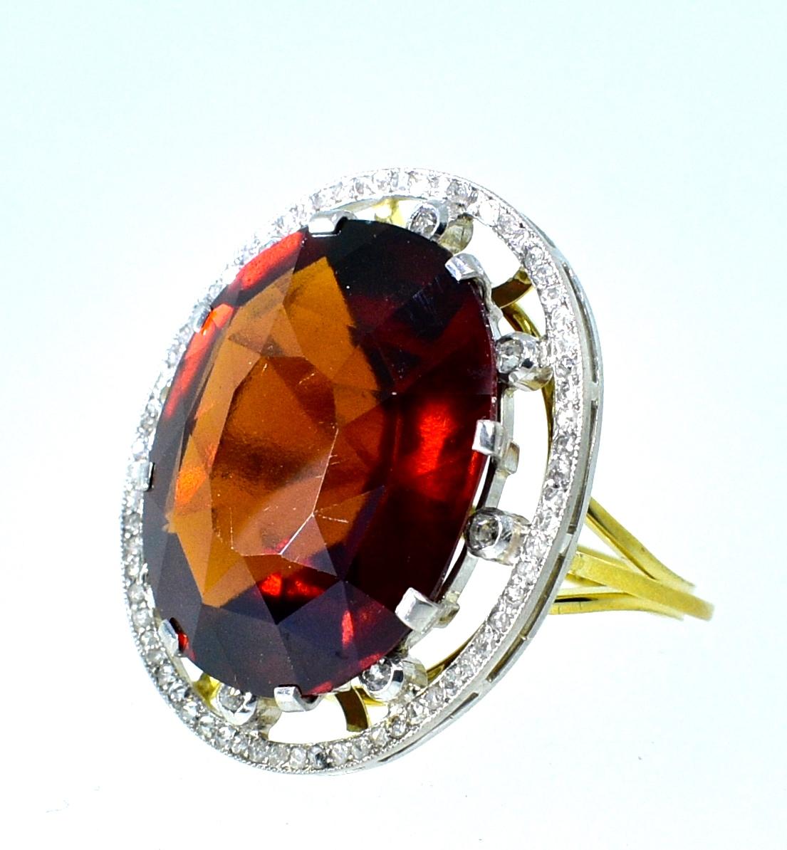 Antique 18 Karat, Platinum, Diamond and Orange Garnet Ring, circa 1900 In Excellent Condition In Aspen, CO