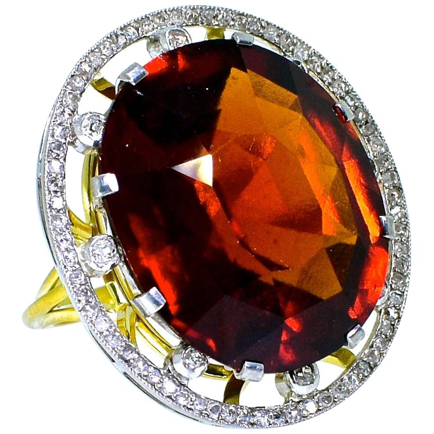 Antique 18 Karat, Platinum, Diamond and Orange Garnet Ring, circa 1900