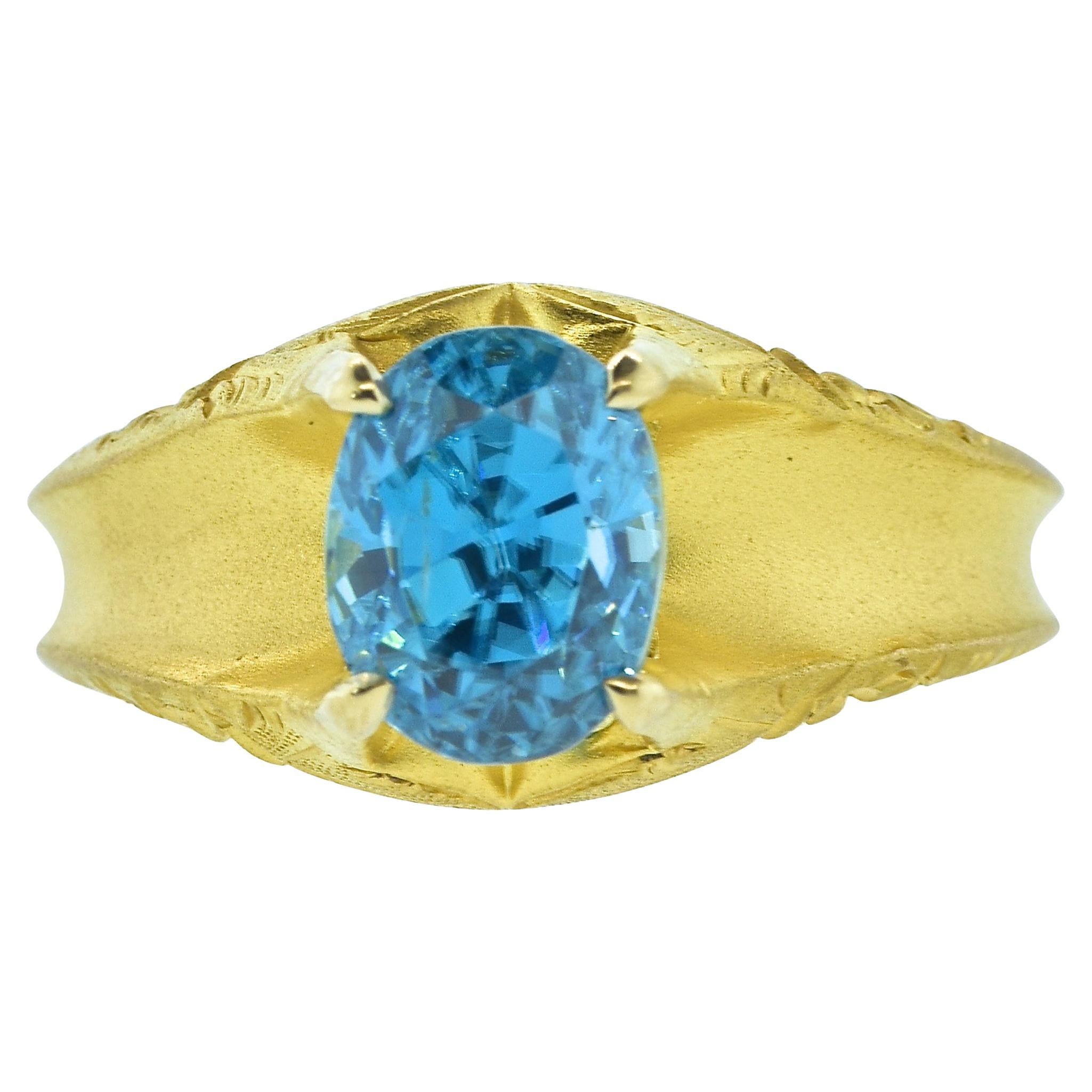 Women's or Men's Antique 18K Ring  Centering a Natural Very Fine Blue Zircon, American, c. 1890 For Sale