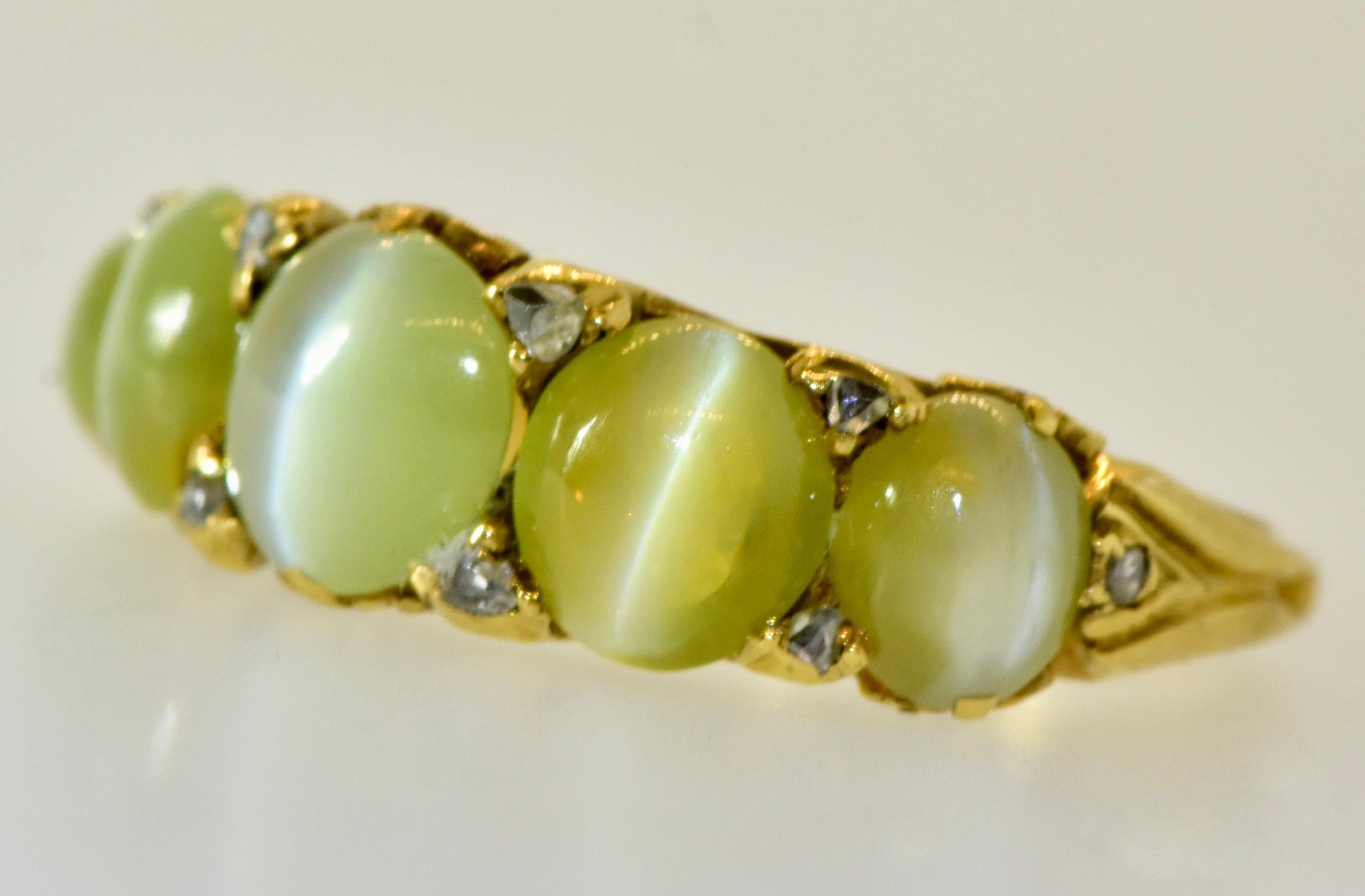 Victorian Antique 18K Ring with Fine and Rare Natural Cat's Eye Chrysoberyls circa 1880  For Sale